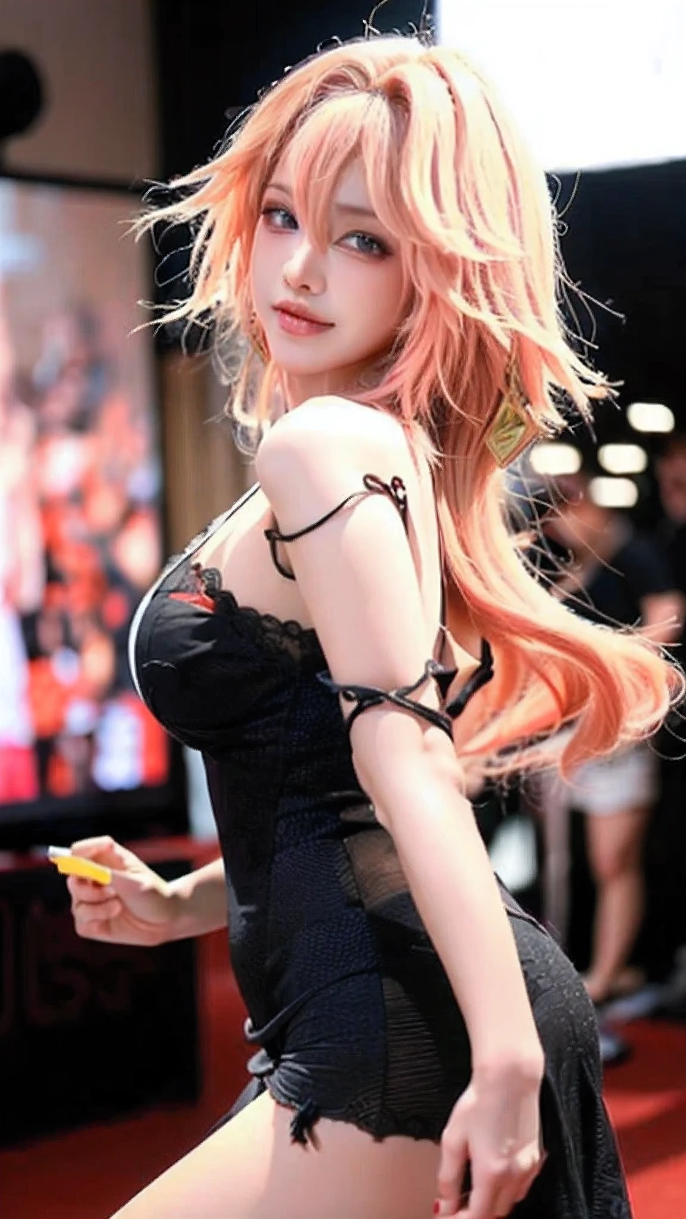 (8k, RAW Photos, Highest quality, masterpiece: 1.2), Very detailed, Super Resolution, Super sexy, yae miko, bare shoulders, ((light blonde long messy hair:1.2)), (black lace sexy off shoulder dress:1.2), purple eyes, ((medium natural breasts:1.4)), shiny skin, smile, (Background of a photo studio1.2), (Dynamic Sexy Pose 1.2), (With cleavage 1.2), ((Blurred Background:1.5, Photo studio, Cinema Lighting, Professional Photographer))