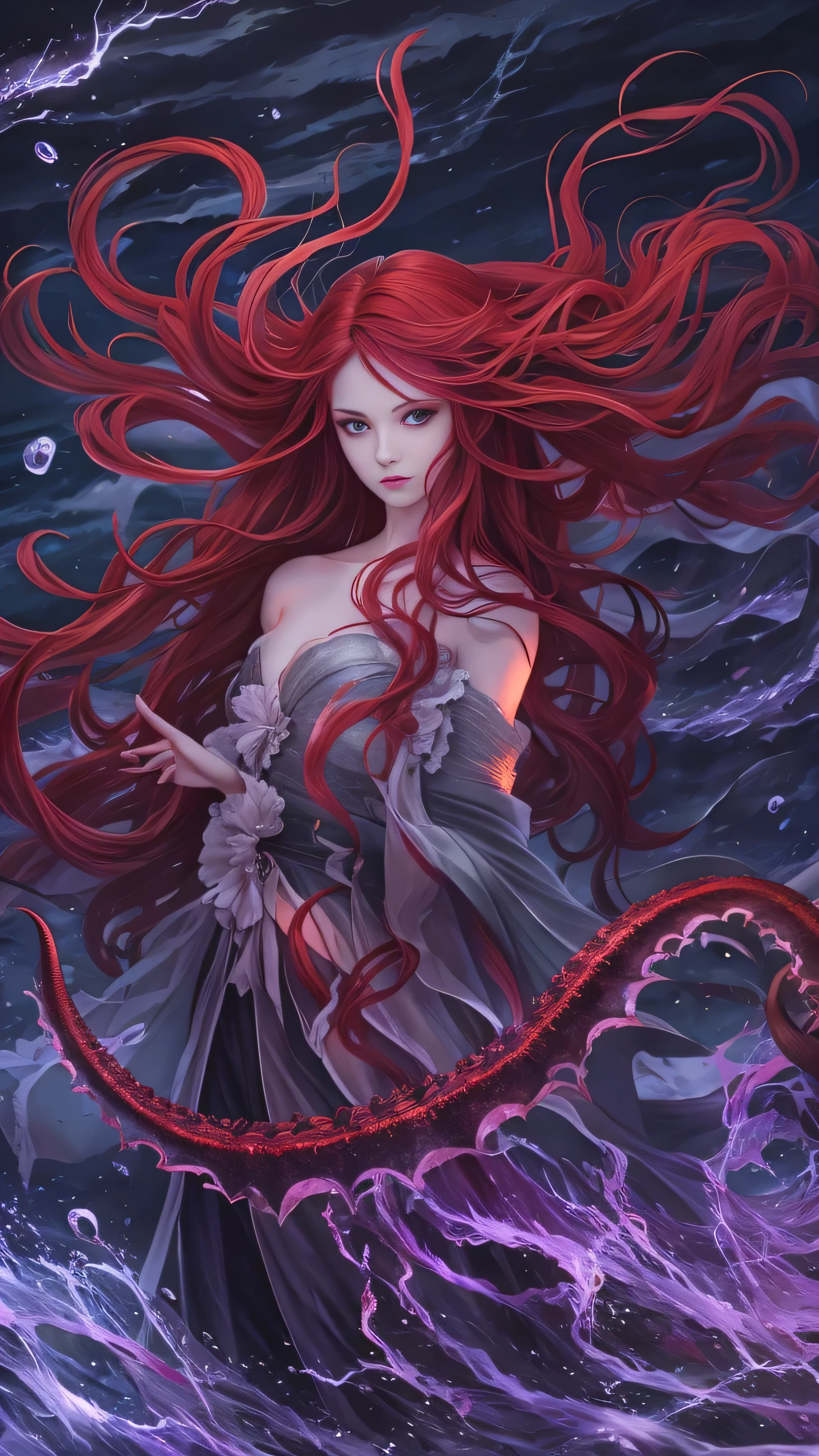 sea witch painting, long red hair , evil, evil役, She is coming for you,  close-up, Dark Sea,( In the water:1.1), lightning, Bright Eyes, Wearing a dress made of seaweed, Tentacles, Octopus, ( close-up:1.3)