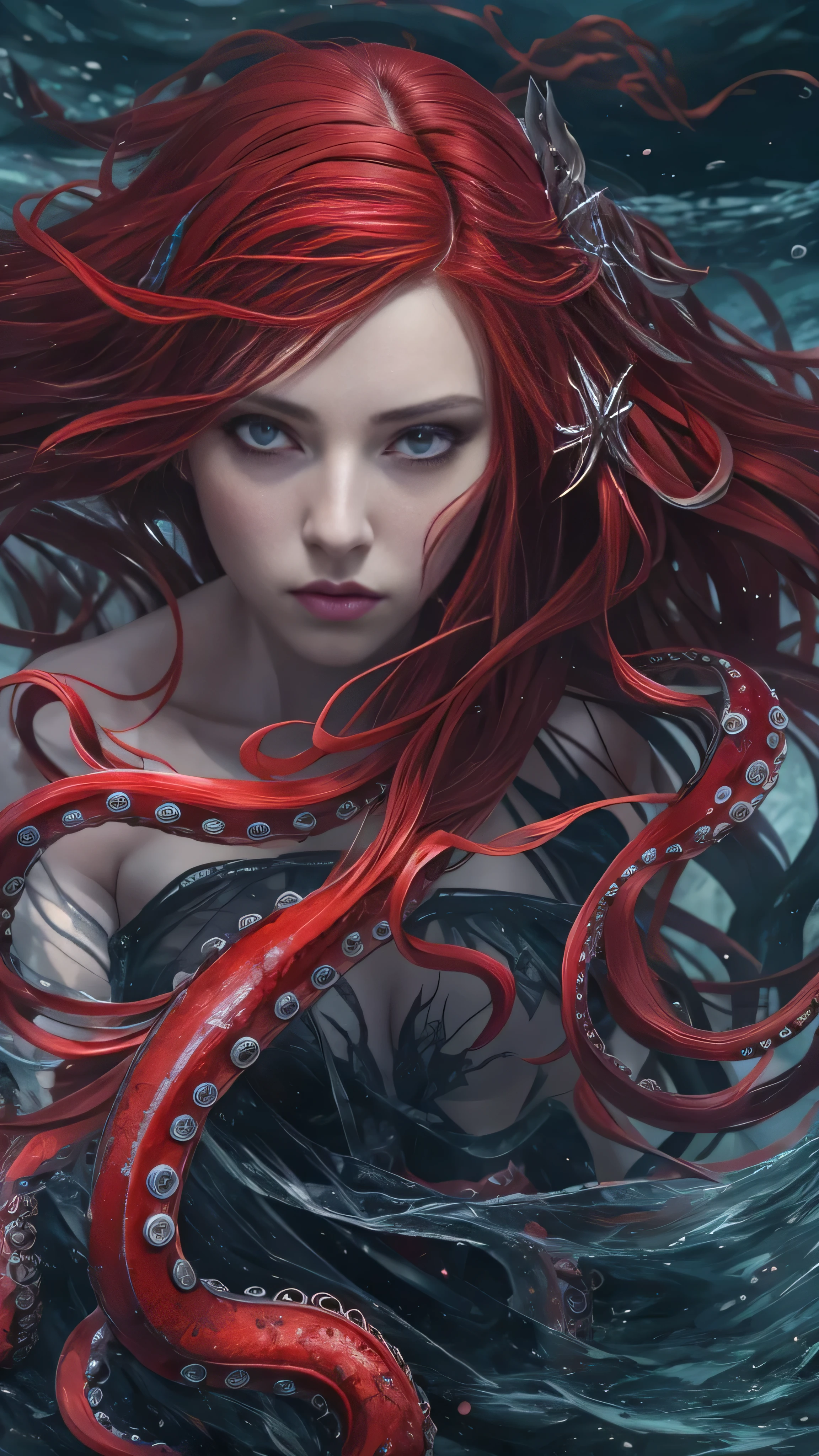 sea witch painting, long red hair , evil, evil役, She is coming for you,  close-up, Dark Sea,( In the water:1.1), lightning, Bright Eyes, Wearing a dress made of seaweed, Tentacles, Octopus, ( close-up:1.3)