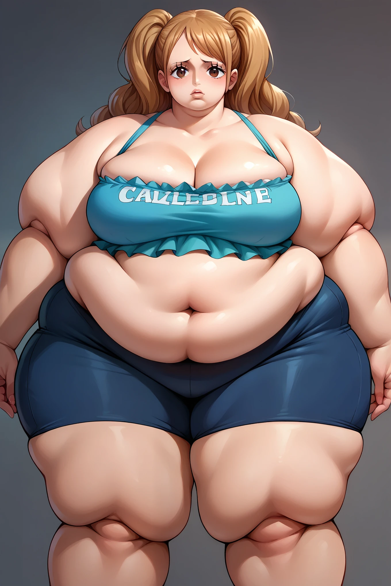 score_9, score_8_up, score_7_up, score_6_up, source_anime BREAK 1girl, solo,  defrka, Charlotte Pudding, light brown hair, pigtails, lips, brown eyes, one piece, cake island, blue tube top, black bike shorts, looking at you, fat, chubby, obese, gigantic arms and legs 