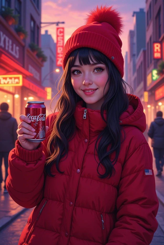 illustration, "A vibrant urban evening scene, where a girl with long dark hair and striking amber eyes stands out. She wears a red beanie with a fluffy pom-pom and a matching red jacket, smiling warmly. She holds out a can of soda , offering it with a friendly gesture. The backdrop is a neon-lit street with a glowing red sign and silhouettes of pedestrians, all bathed in the hues of a fading sunset, blending orange, pink, and purple tones The atmosphere is casual yet. inviting, capturing the warmth of city life."