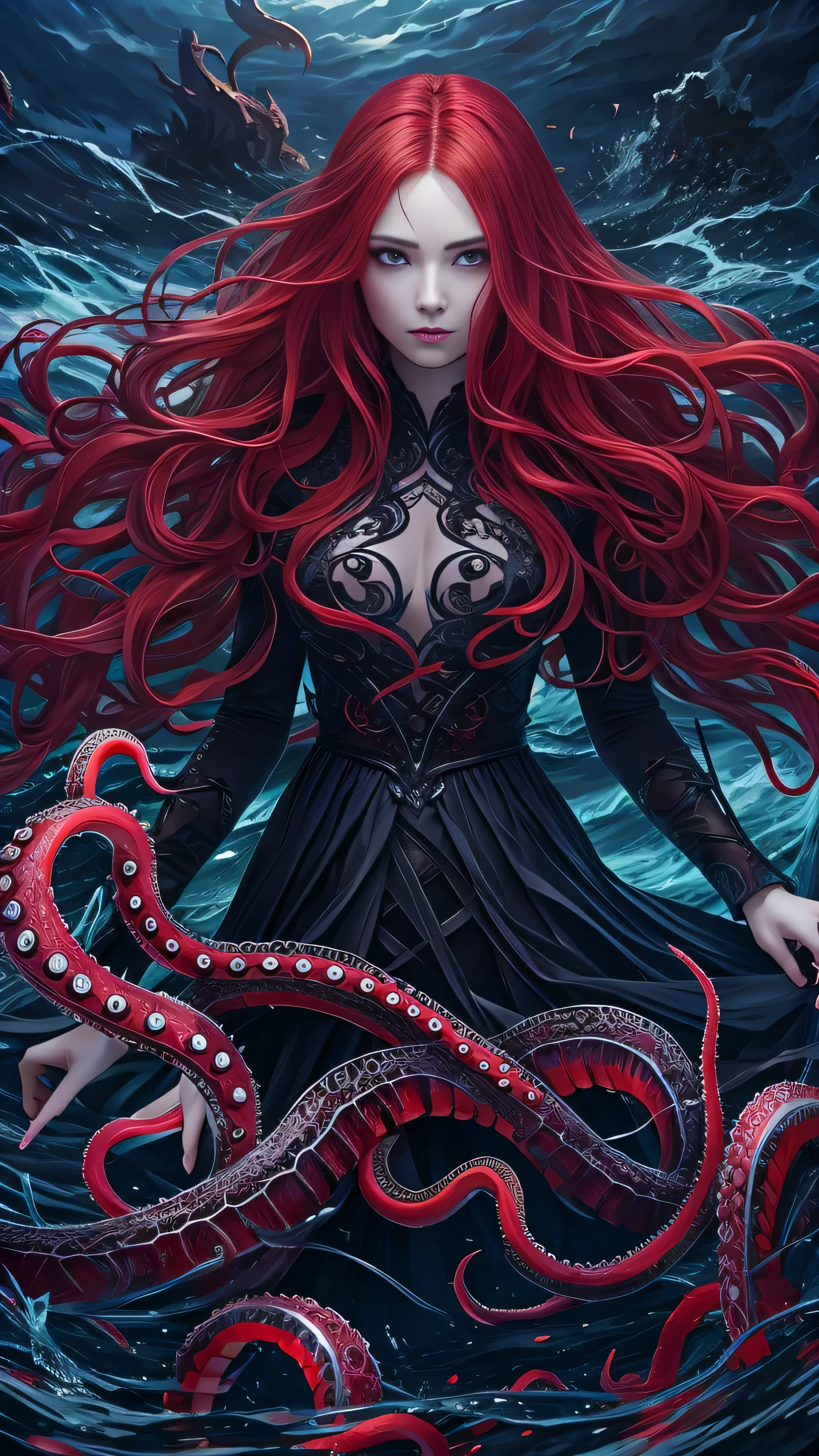 sea witch painting, long red hair , evil, evil役, She is coming for you,  close-up, Dark Sea,( In the water:1.1), lightning, Bright Eyes, Wearing a dress made of seaweed, Tentacles, Octopus, ( close-up:1.3)