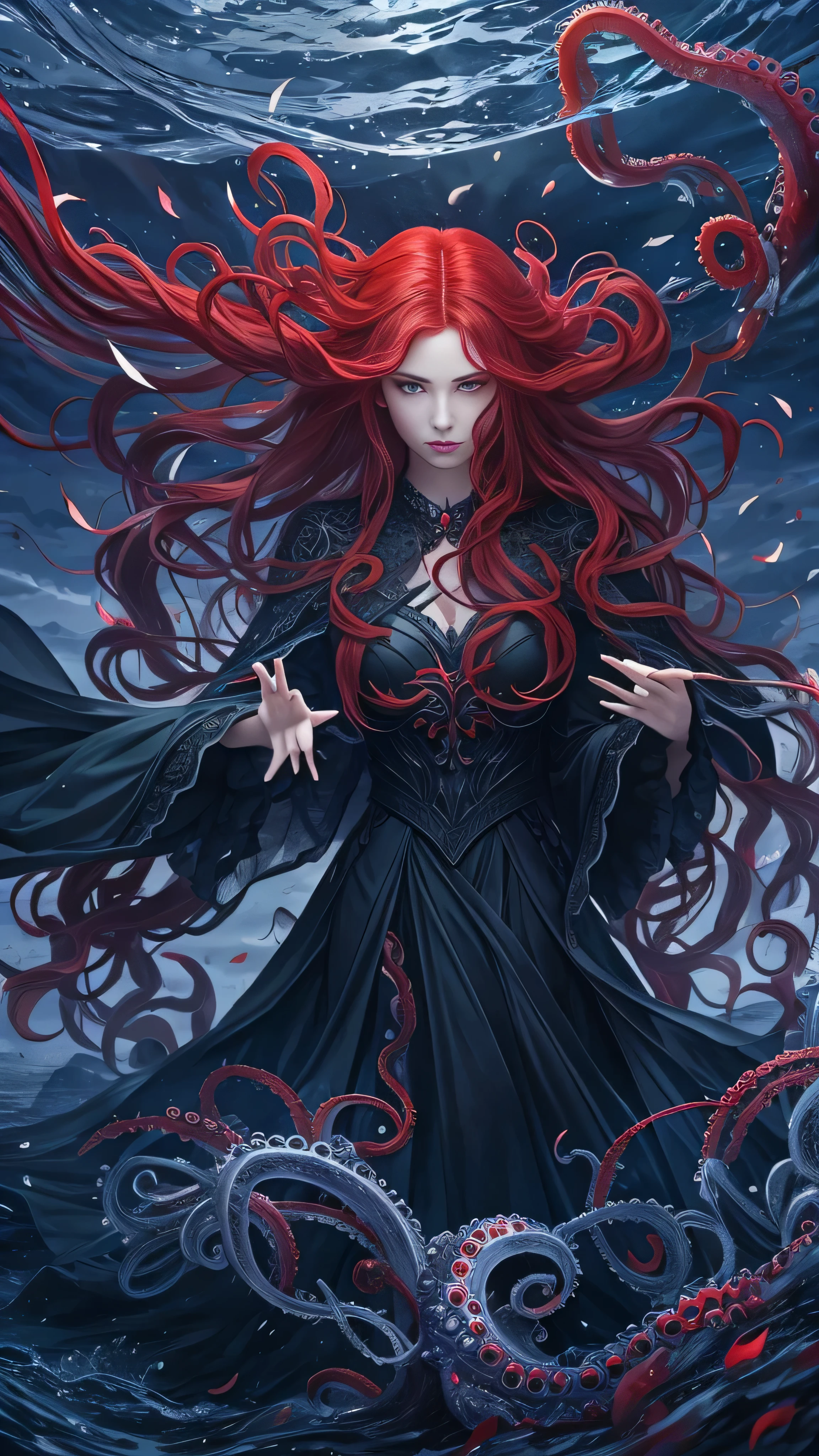 sea witch painting, long red hair , evil, evil役, She is coming for you,  close-up, Dark Sea,( In the water:1.1), lightning, Bright Eyes, Wearing a dress made of seaweed, Tentacles, Octopus, ( close-up:1.3)