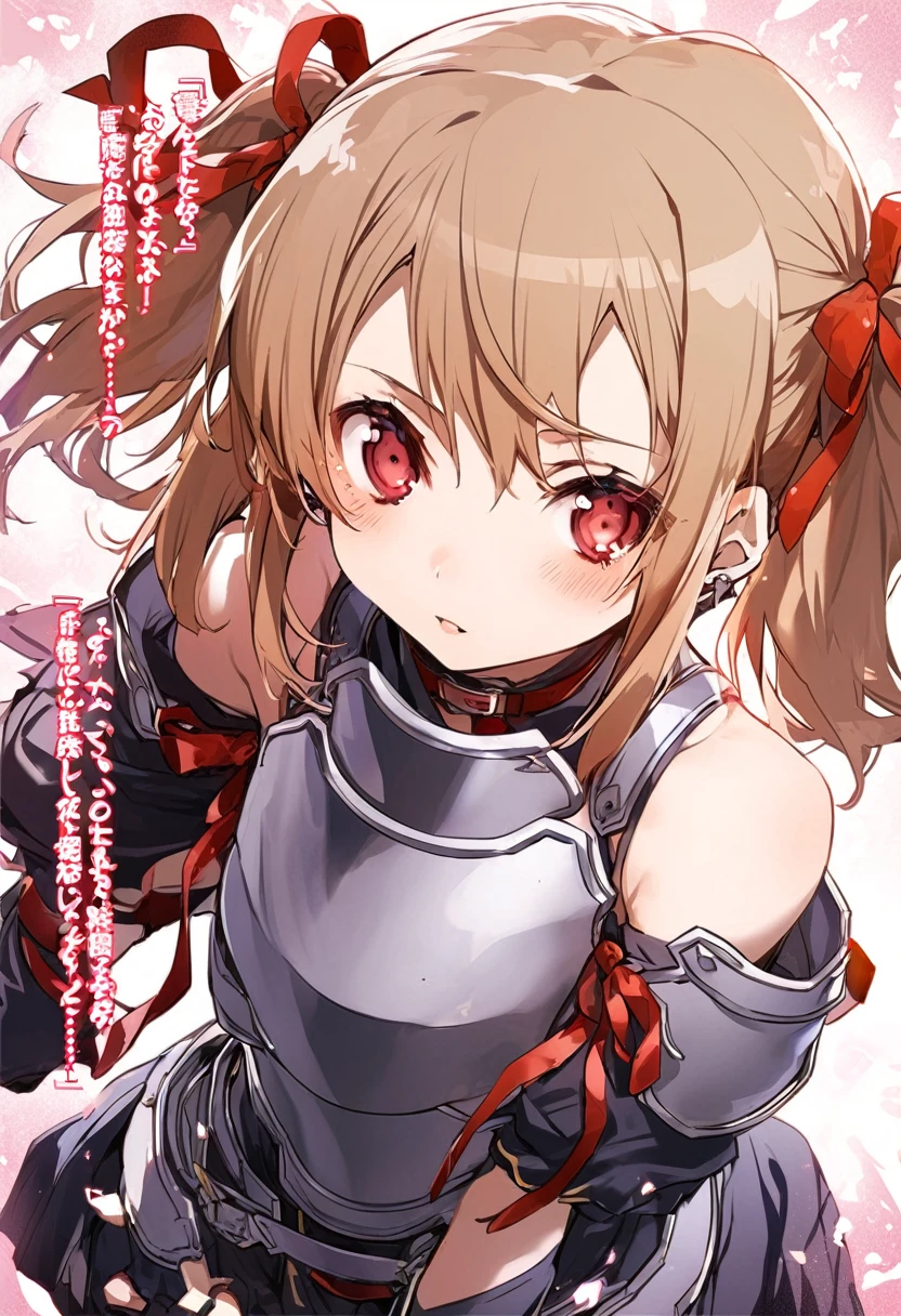 silica,   1 girl, Brown Hair,   medium hair  ,  twin tails, armor, Red eyes, Gloves, breastplate, short   twin tails,   fingerless Gloves,   Shoulder  , off   Shoulder  ,     Hair Ribbon  , Red ribbon, Alone, 