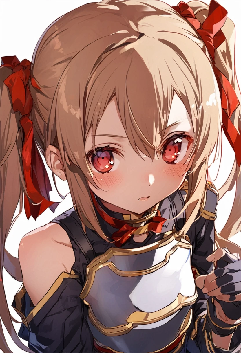 silica,   1 girl, Brown Hair,   medium hair  ,  twin tails, armor, Red eyes, Gloves, breastplate, short   twin tails,   fingerless Gloves,   Shoulder  , off   Shoulder  ,     Hair Ribbon  , Red ribbon, Alone, 