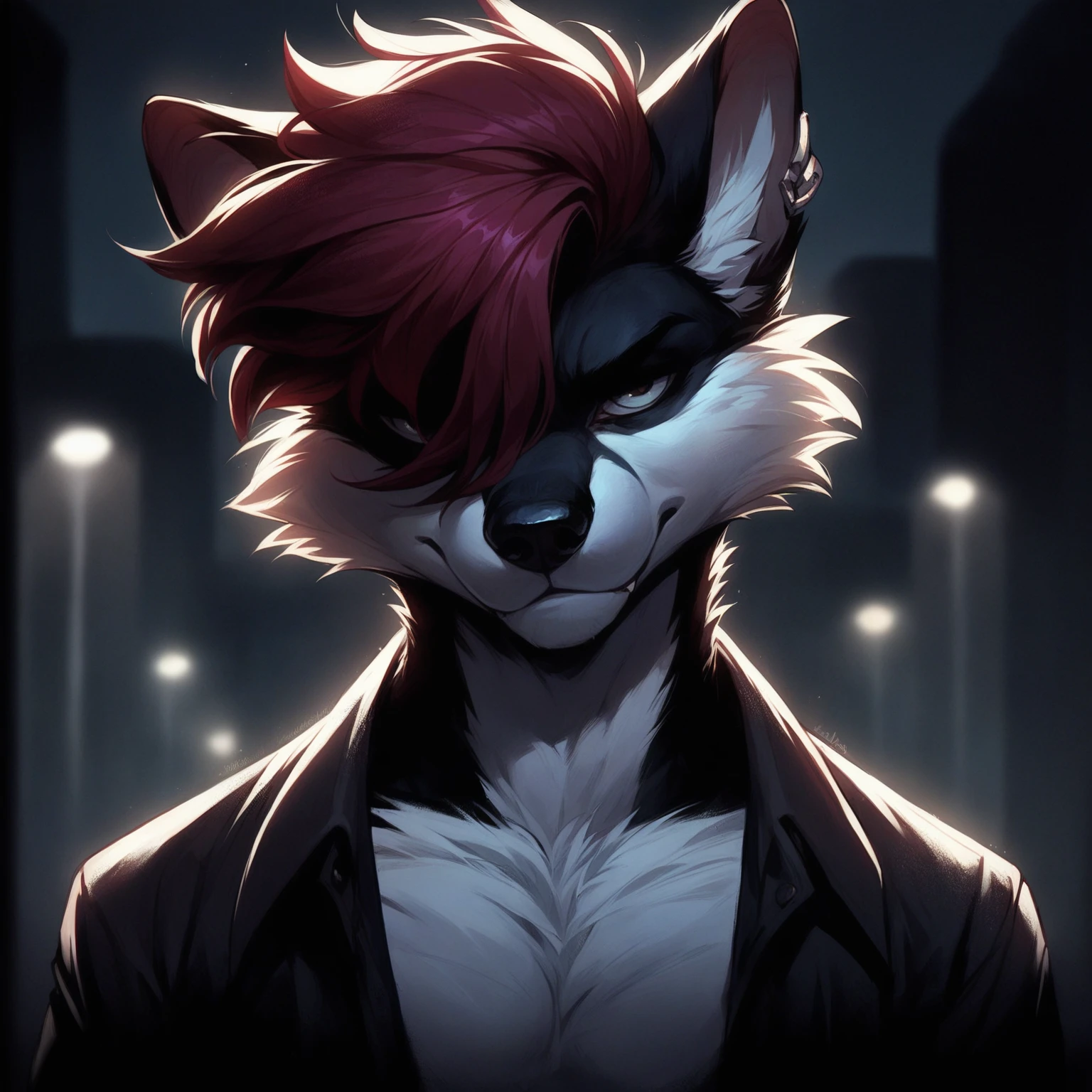 first, flat, Artistic, DETAILED: of a Wolf , adult, Alone, with Pompadour hairstyle, Dark red dyed hair, wearing open shirt,  standing at night low lighting .