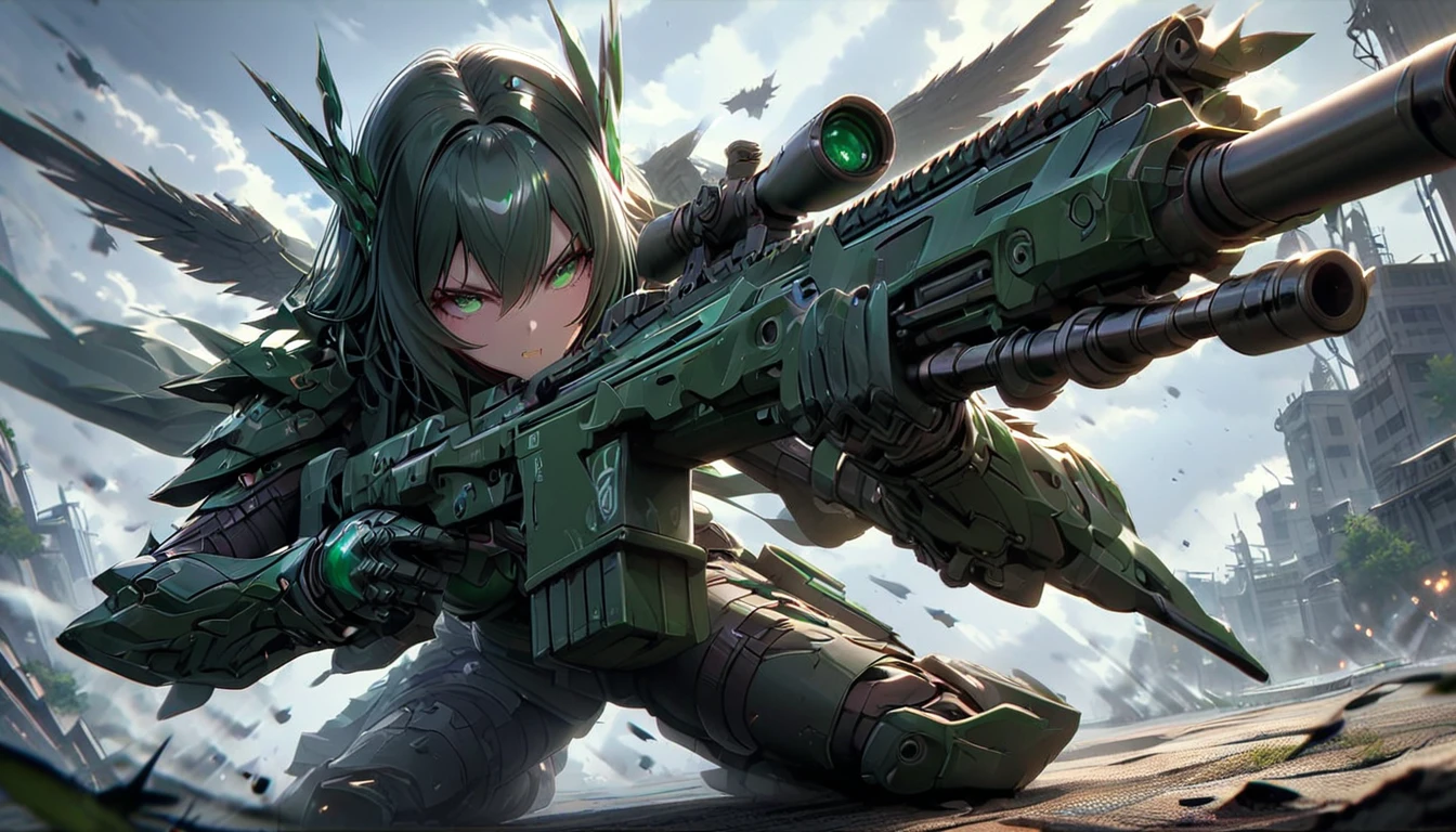 girl masterpiece, best quality, high resolution, best detailed, HDR, 4k, 8k, black hair, very long hair, detailed face, beautiful shape, anthropomorphism, mobile suit gundam, green eyes, blue and white armor, mechanical gloves, mechanical long boots, mechanical wings, holding a rifle,