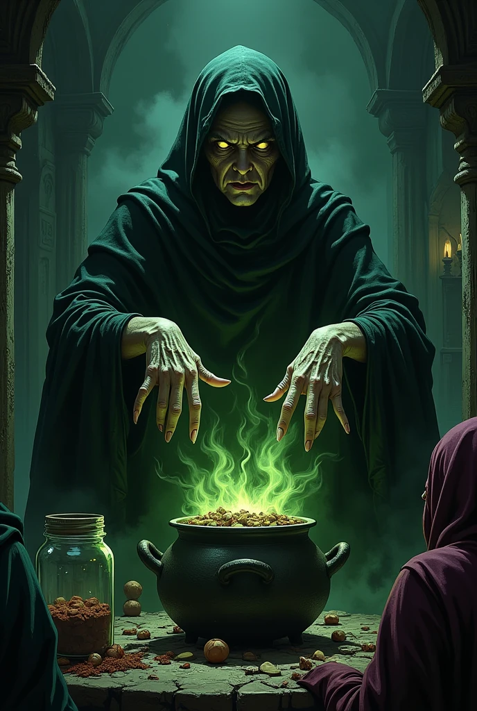 illustration, A witch with sunken, hollow eyes stands over a bubbling cauldron filled with dark green smoke; long, gnarled fingers stretch toward a jar of strange ingredients, shadowy creatures lurking just outside the dim light.