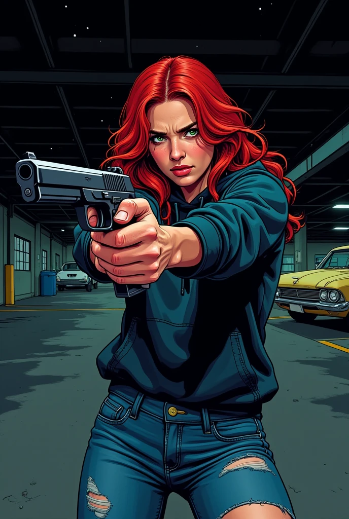 illustration, Comic book style of, pretty redhead young woman, cocking a handgun, freckles, long red curly hair, green eyes, annoyed face, wearing baggy hoodie, skinny ripped jeans, in a parking garage at night, pitch black, stars