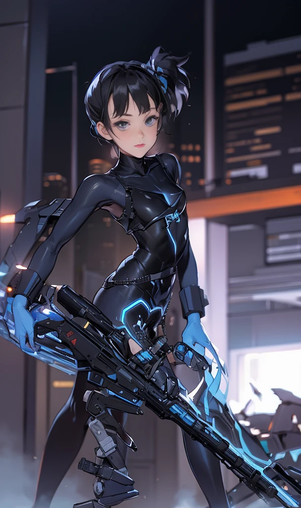 Elaborate CG Unity 8K wallpapers, masterpiece, highest quality, highest resolution, distinct_image): (Dynamic Angle, Solo, Japan Face, Short Black Haired Girl, Full Body, Small Breasts, Sparkly Black Eyes, White and Blue Color Flight Suit, Tight Fit Clothes, Full Body Covering Clothes, Beauty, Slim Body, Exoskeleton, Gundam, Metal Gear, Computer Controls)