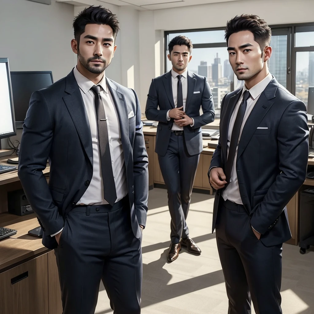 best quality, ultra high resolution, realistic:1.5, three 34years old thick muscular korean horny office men:1.2, handsome and strong face with little bit beard:1.2, (sagging eyes without double eyelids:1.2, both eyes are same size:1.2), high nose,(short haircut with visible forehead:1.2),(suit:1.2), big bulge with huge bulge:1.4,(standing in the office with put hands into pants pocket each person:1.2,background is computers:1.2)