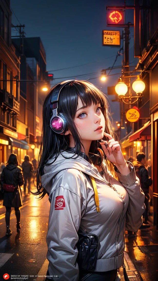 (masterpiece,  best quality ,   best quality  ,   very detailed,   Best Details , Official Art,   Knight 、 Neon Street、   cinematic composition   ,     beautiful and aesthetic  :1.2), colorful, (A sophisticated eye:1.1), Beautiful Face, Wear a stylish hoodie、  perfect body,   1 girl , Alone, Knightシティ, Urban city, Main Street, yellow based outfit 、 | Yellow bomber jacket, (  neon light:1.1), Large Breasts, star, (  headphones:1.1), (  Cyberpunk:1.1), (SF:1.1), (  looking up with the naked eye  :1.2), (public:1.2)