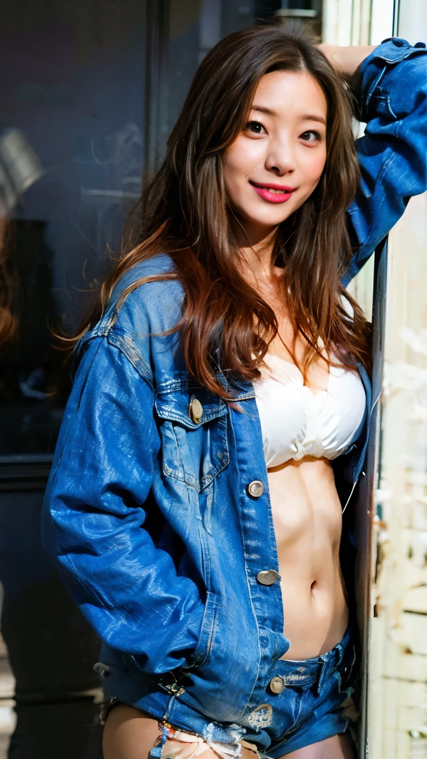 sexy power hippie 35 years old woman in bohemian mini skirt and button down shirt. deep neckline. slim waist and belly button.
standing in a narrow city street.
hiper realistic photo. 8k nikon 50mm f2.8.