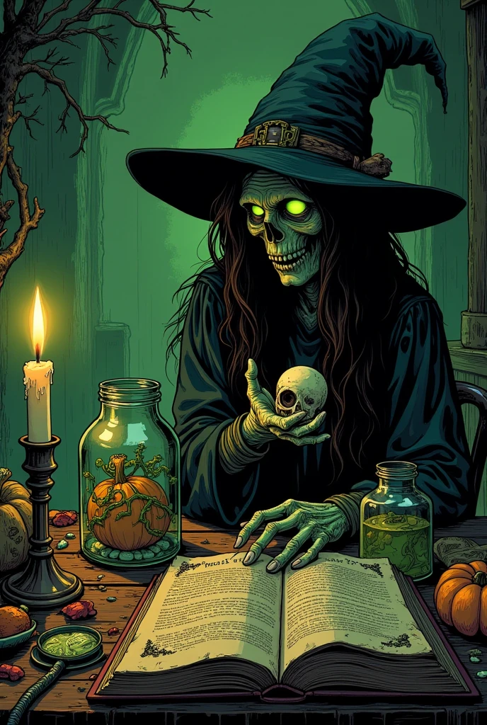 illustration, In a secluded witch hideaway, a witch's alchemy table is littered with strange, disturbing artifacts: a jar containing an eyeball, a vine-made hand holding a pumpkin charm, a candle burning with a green flame, and an open spell book with a secret recipe for making a pumpkin freak with illustrations.