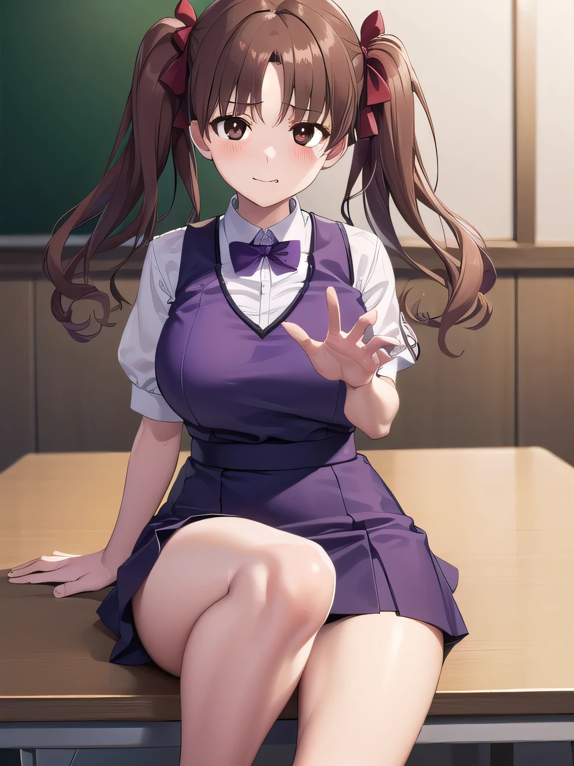 black white, Kuroko Shirai, Brown Hair, Long Hair, ( split bangs :1.5), ( Brown Eyes :1.7),  ringlets,  twin tails, hair bow, bow, red bow, (Big Breasts:1.2),Pinned nipples
Break gym uniform style leotard、 black and white striped thigh high socks、
break looking at viewer,  whole body,
break indoors, classroom,
break (masterpiece:1.2), Best Quality,  Kampala ,   unity 8k Wallpaper  , (shape:0.8), (Mysteriously purple eyes :1.6),  Highly Detailed Face ,  perfect lighting, Detailed CG, (Perfect hands,  perfect anatomy),Grinning mouth 、blush、 Hollow Eyes、