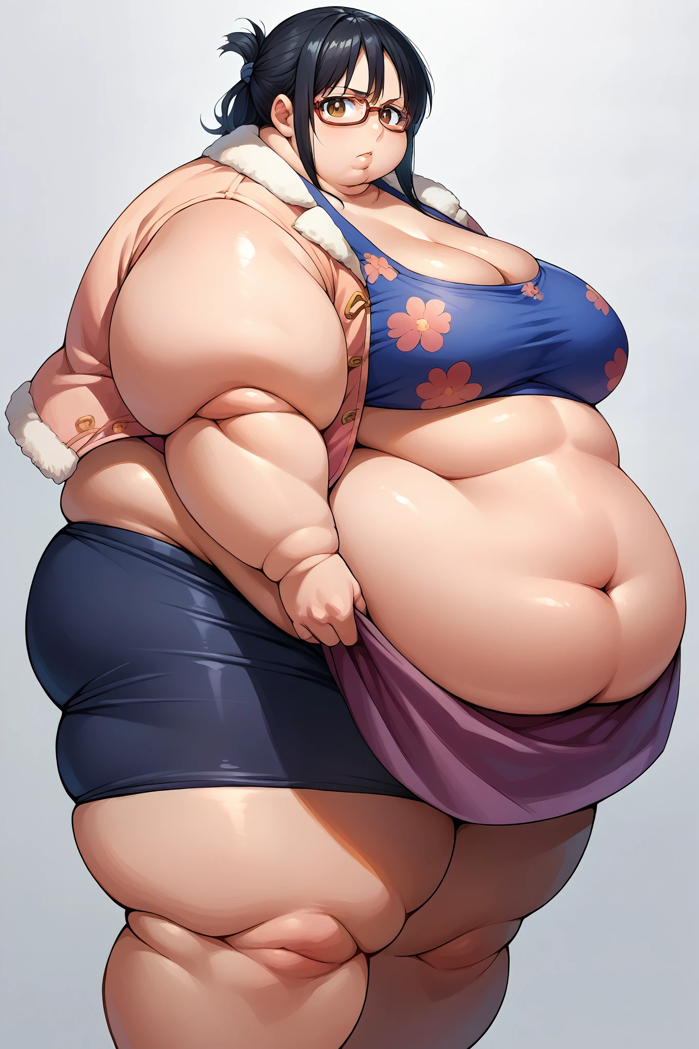 score_9, score_8_up, score_7_up, score_6_up, source_anime BREAK 1girl, solo,  defrka, large breasts, brown eyes,shirt, black hair, standing, jacket, glasses, floral print, Shinjuku, blue tube top, black bike shorts, looking at you, fat, chubby, obese, gigantic arms and legs 