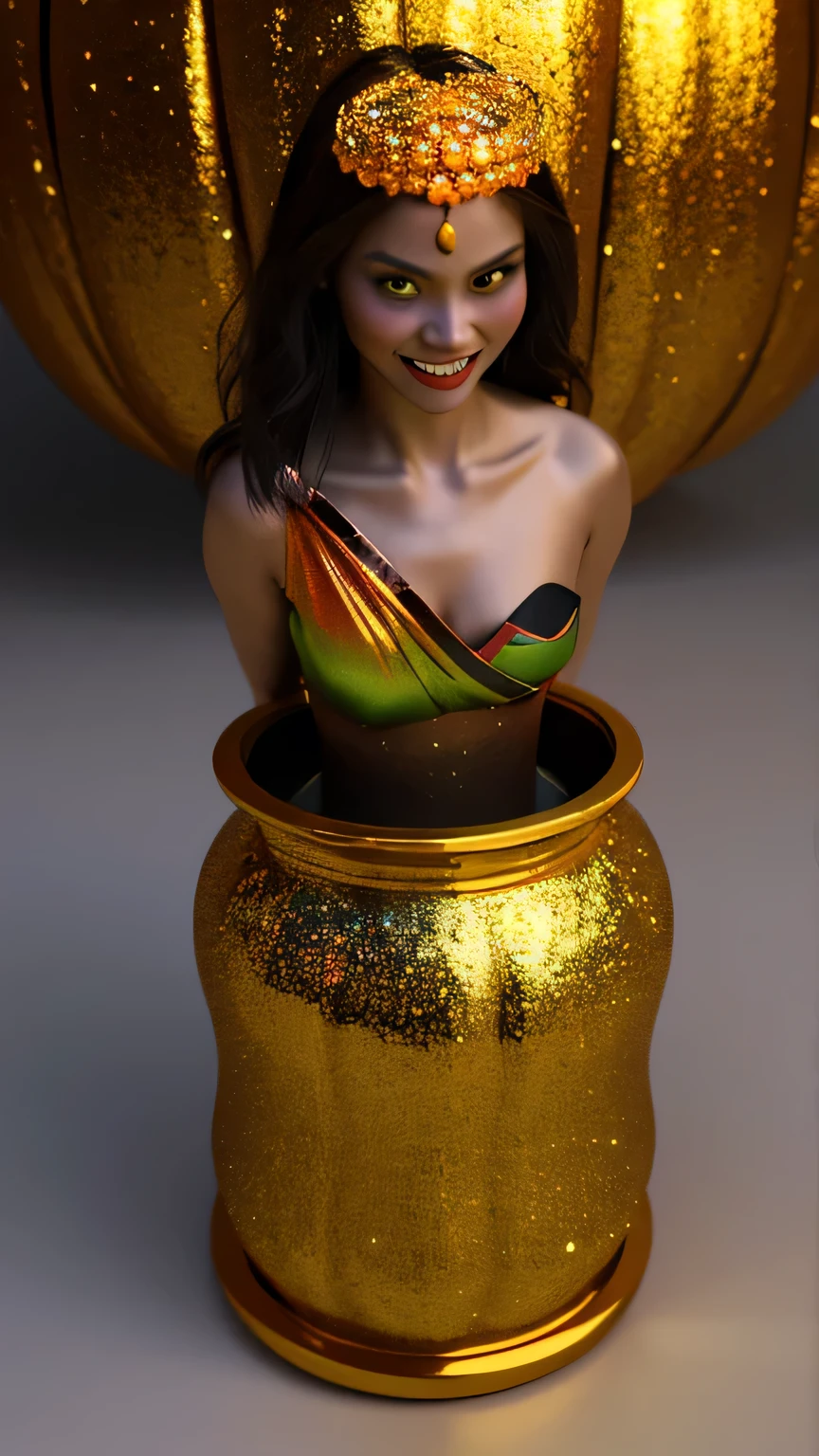 hyper realistic art,full body shot, high detailed 3D close up of a thai beautiful Halloween witch holding in her hands an intricate pumpkin with sparkle glitter,grin smile,glow neon green thai runes on skin,diamond dust, background dreamy shades of oranges and browns,dark horror, the exorcist style,background ancient stupa