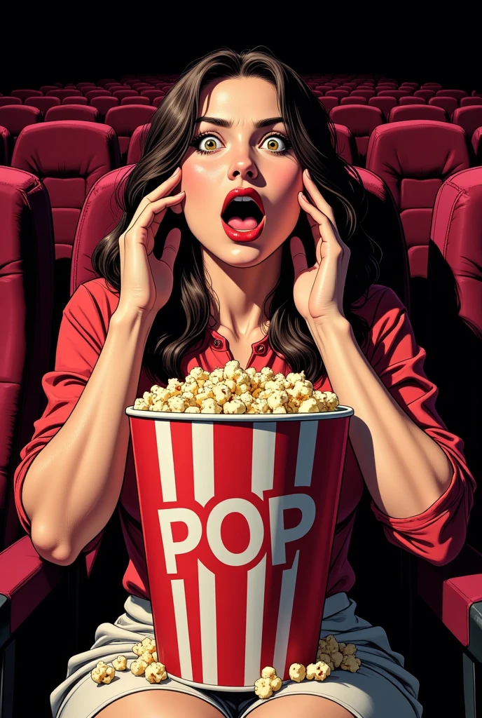 illustration, (comic book style), contrast lighting, front-view comic portrait of a cute young lady in a dark movie theater, dynamic exaggerated perspective, dynamic angle, (A massive bucket of popcorn, labeled with big letters "POPCORN" falling down from her lap). (strong front lighting). Expression of overwhelming surprise, her eyes looking a little bit upwards, her face lit by the front flash, mouth wide open. The exaggerated perspective draws attention to her wide eyes and open mouth with red lipstick. . The composition emphasizes the intense emotion and the distorted, immersive theater experience, ultrasharp, in style of comic book