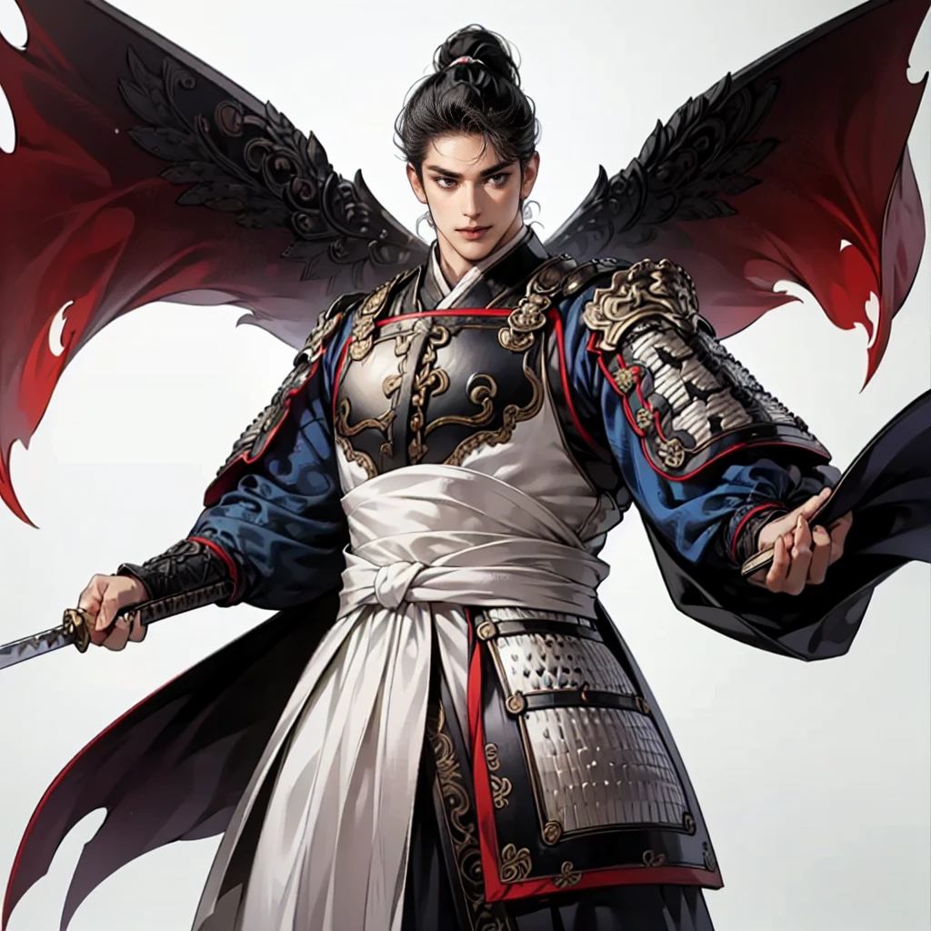 A handsome young man, A relaxed smile,Sharp jawline, (Captivating dark eyes), Thin eyebrows,Gentle features,Egg-shaped contour,Lean and Lanky,( perfectly styled hair ,Long black hair:1.3),((Silver armor with exquisite engravings that are works of art,Has a long sword:1.3, Heroes of the Three Kingdoms:1.1)),Best Quality,4K,8k, Kampala,masterpiece,Super detailed, photorealistic style ,(( white background:1.3,simple background:1.3)), cowboy shot:1.2