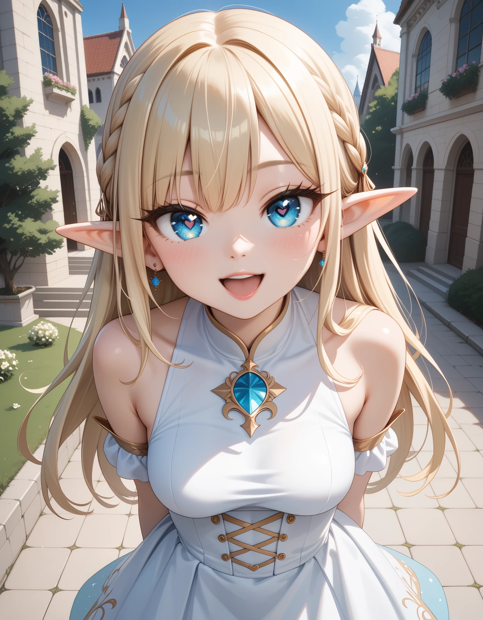 newest, masterpiece, best quality BREAK score_9, score_8_up, score_7_up, BREAK cute round face, slender, kawaii, ultra cute girl, ultra cute face, ultra detailed eyes, ultra detailed hair, ultra beautiful, 1girl, solo, elf girl, (wearing sorcerer outfit:1.2), (nsfw:-0.5), (navel:-0.5), seductive smile, open mouth, from above, cowboy shot, looking at viewer, outdoor, At the heart of the city stands a dazzling golden cathedral, filled with mystical powers, depth of field, ultra detailed background, medium breasts,, (white:1.2) blonde hair, long hair, elf ear, blue eyes