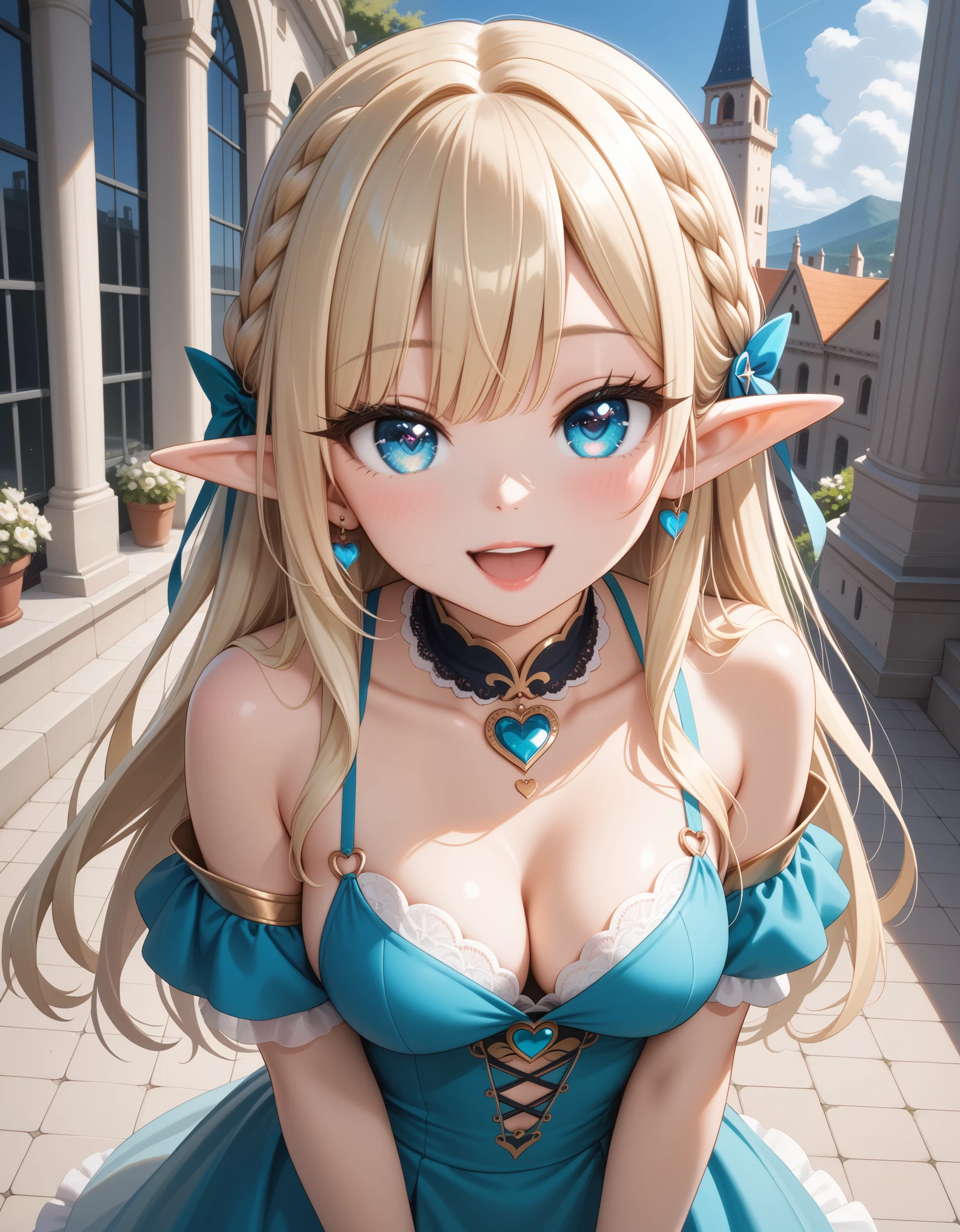 newest, masterpiece, best quality BREAK score_9, score_8_up, score_7_up, BREAK cute round face, slender, kawaii, ultra cute girl, ultra cute face, ultra detailed eyes, ultra detailed hair, ultra beautiful, 1girl, solo, elf girl, (wearing sorcerer outfit:1.2), (nsfw:-0.5), (navel:-0.5), seductive smile, open mouth, from above, cowboy shot, looking at viewer, outdoor, At the heart of the city stands a dazzling golden cathedral, filled with mystical powers, depth of field, ultra detailed background, medium breasts,, (white:1.2) blonde hair, long hair, elf ear, blue eyes