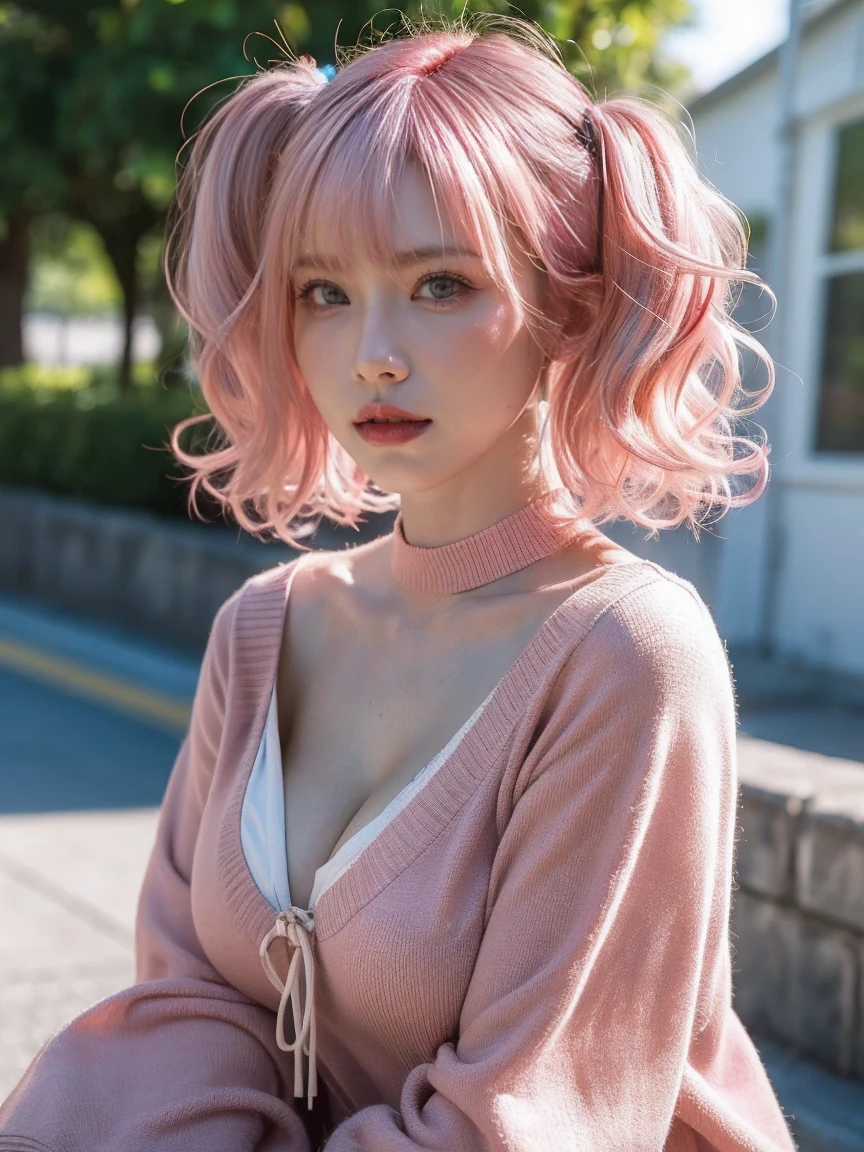 photography, masterpiece, best quality, 8K, HDR, highres, absurdres:1.2, Kodak portra 400, film grain, blurry background, bokeh:1.2, lens flare,Like reality, like real pictures, ergonomic, a very cute girl, side bangs:1.7,((she has pink hair, marnie hair, wavy hair, curly hair, high twintails:1.3)), ((height 153cm, big breasts, Fcup big breasts) ), ((She is wearing a brown long-sleeved sailor-neck knee-length dress, quiet, conservative clothing, looking ethereal and cold)) Selfie, shaky picture, she is not very good at taking pictures, ((the camera is seriously shaky)), ((( pink hair:1.2))), (((short hair:1.1))), (((brown clothes))),((No expression, no smile)), ((Clothes are very conservative))