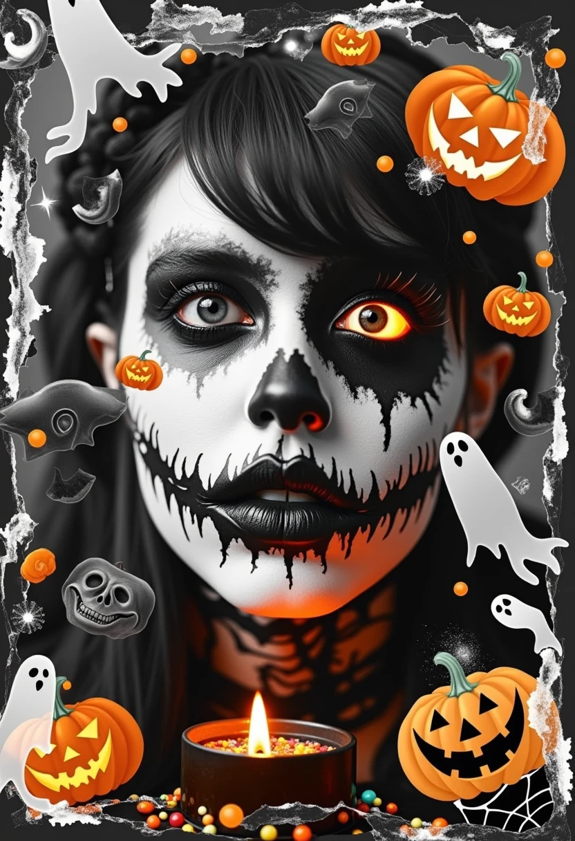 Halloween-themed portrait photography, blending black and white and color, double exposure, 1girl, blurred Halloween makeup portrait silhouettes seamlessly merging with evocative scenes, featuring pumpkins, candy, ghosts, transparency, negative space for signature, collage, torn paper, abstract, uncontrolled, presenting a fantastic and exquisite atmosphere, strong film grain, intensely moody, layered with a sense of depth and reality, rich in content, in the style of Erkin Demir, futuristic, glitch art, surreal, perfect in detail