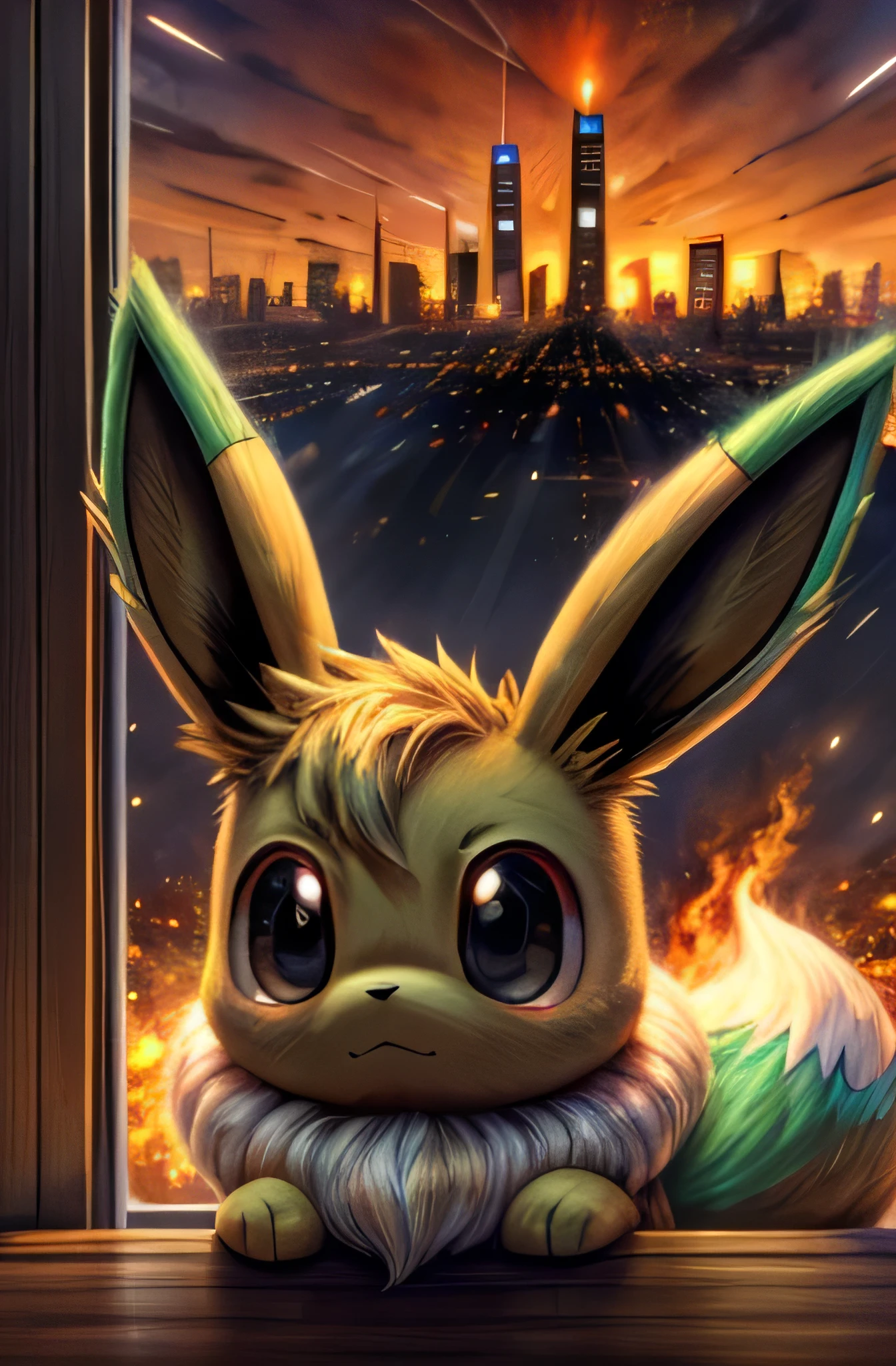 A shiny eevee, green ears sewn on, green tail sewn on, with black eyes on the inside that fade to red, with a worried face, with a background of a city on fire.