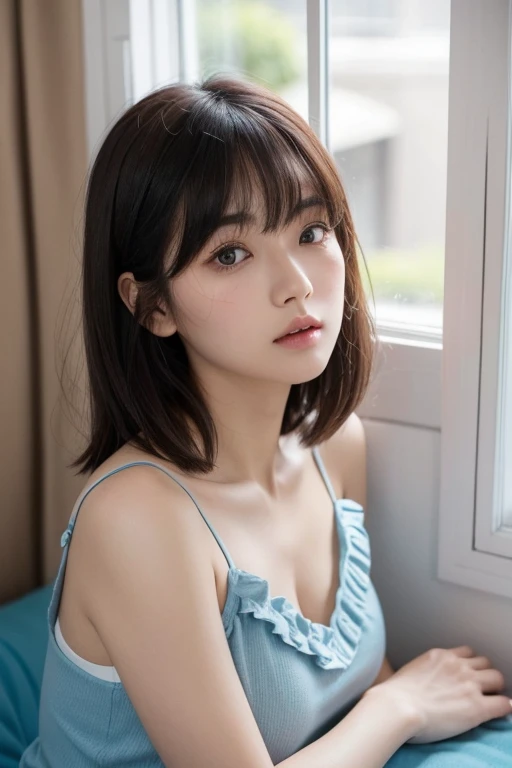 38 years old、 Japanese Women、Inward-curling short bob、Ash colored hair、round face、Baby Face、(her jawline is jutting out1:1.3)、(her jawline is rounded1:1.5)、She has soft cheeks、Fair skin、the skin on her cheeks is a little rough、her eyes are slightly long and jutting out、Small mouth、 outer corner of eye 、Thin eyebrows、Bangs are straight、by the window in her apartment、she is lying in bed with sheets、beside the curtains through which the morning sun is streaming in、her hair is messy because she just woke up、Eyes slightly open、She's looking over here with a sleepy expression 、 wearing a blue ruffled camisole、B Cup、 I'm stretching out 、Upper body close-up、 chubby figure、 I can see my belly button 、