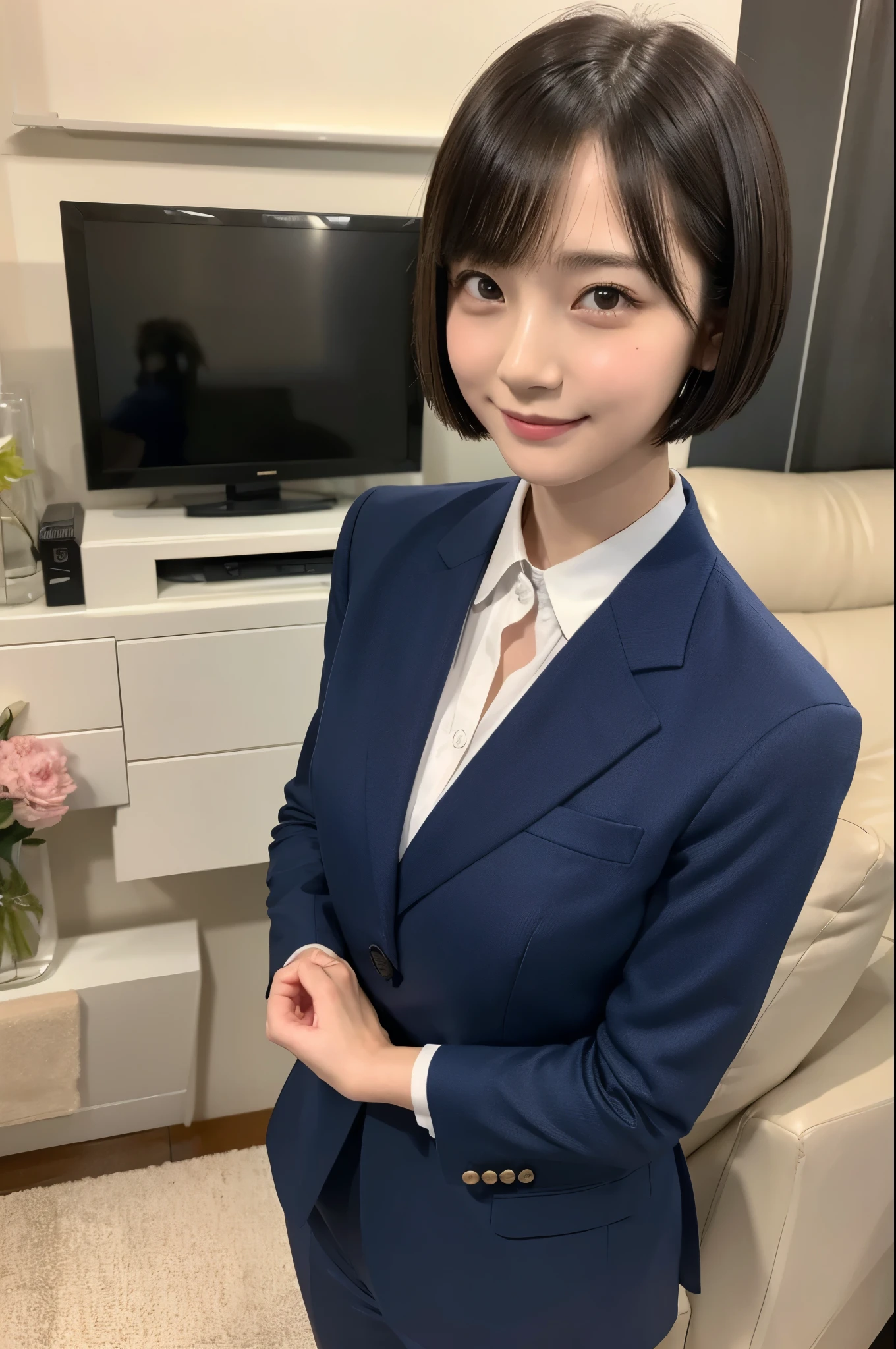 168
Shorthair, a 20 yo woman, gentle smile, working suit