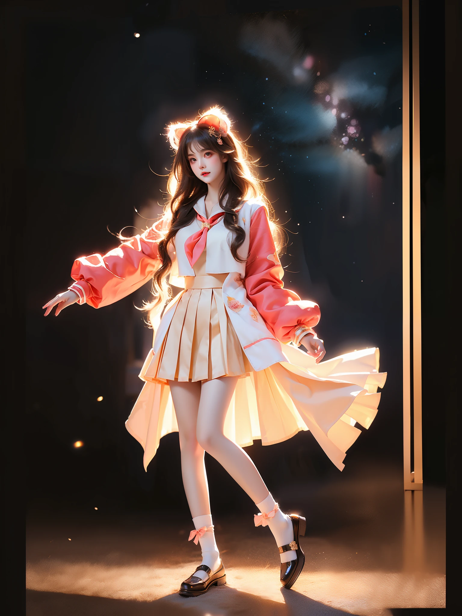 diana cosplay costume, animal ears, long jacket, bow, hair ornament, serafuku, neckerchief, long sleeves, socks, shoes, ,((full body)), (Asian beauty: 1.3), girl, solo, (toned body: 1.2) (naturally large breasts: 1.1), (visible cleavage: 0.8) (smooth flawless skin: 1.2), (perfect anatomical proportions: 1.3) (Naturally comfortable posture: 1.4) (anatomically correct legs: 1.3), (elegantly long legs: 1.3) 1.1) Hands gently lift the skirt (detailed features: 1.2), (big bright eyes: 1.1), (long eyelashes: 1.1) charming smile, gentle and confident expression Head slightly tilted long flowing hair (night scene: 1.1), (starry sky: 1.0), (space background: 0.9) (professional soft light: 1.2), (warm tone: 1.1) (Masterpiece: 1.4), (Super Detail: 1.3), (Sharp focus: 1.2) (Realistic: 1.2), (Hi-Fi: 1.1)