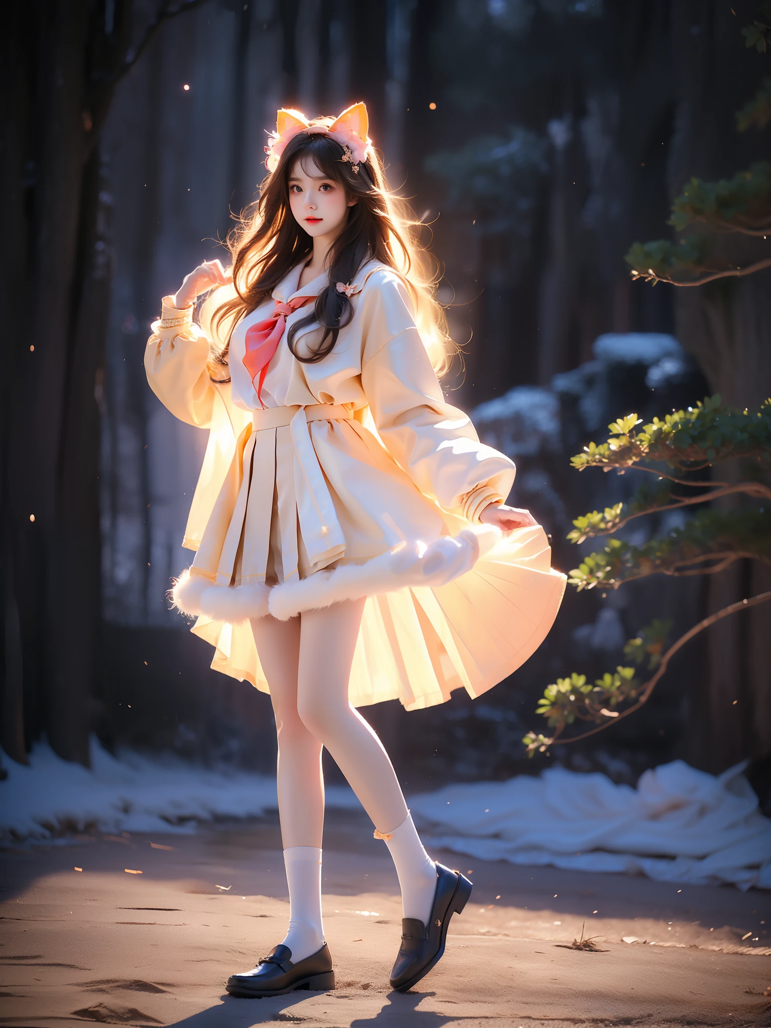 diana cosplay costume, animal ears, long jacket, bow, hair ornament, serafuku, neckerchief, long sleeves, socks, shoes, ,((full body)), (Asian beauty: 1.3), girl, solo, (toned body: 1.2) (naturally large breasts: 1.1), (visible cleavage: 0.8) (smooth flawless skin: 1.2), (perfect anatomical proportions: 1.3) (Naturally comfortable posture: 1.4) (anatomically correct legs: 1.3), (elegantly long legs: 1.3) 1.1) Hands gently lift the skirt (detailed features: 1.2), (big bright eyes: 1.1), (long eyelashes: 1.1) charming smile, gentle and confident expression Head slightly tilted long flowing hair (night scene: 1.1), (starry sky: 1.0), (space background: 0.9) (professional soft light: 1.2), (warm tone: 1.1) (Masterpiece: 1.4), (Super Detail: 1.3), (Sharp focus: 1.2) (Realistic: 1.2), (Hi-Fi: 1.1)