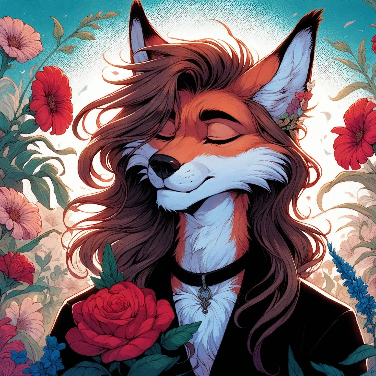 first, flat, Artistic, DETAILED: of a fox, adult, Alone,  with long hair , wearing open shirt, standing, with eyes closed, In a field of flowers in the background.