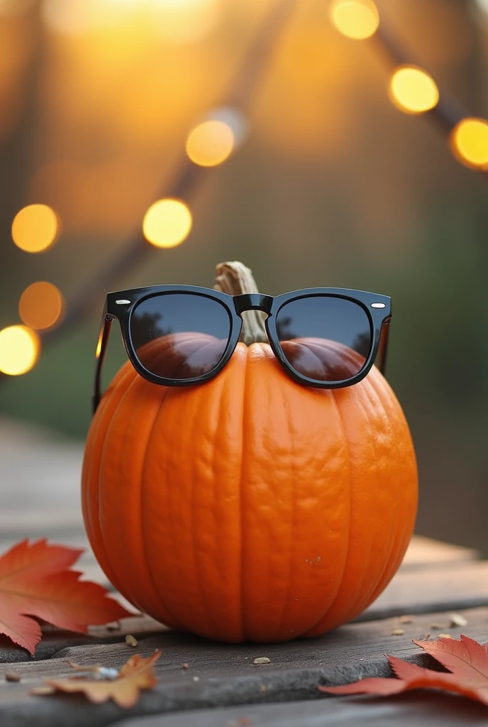 A vibrant and whimsical scene: A pumpkin wearing a pair of trendy sunglasses sits atop a rustic wooden table, surrounded by autumnal leaves and twinkling fairy lights. The warm sunlight casts a golden glow, highlighting the pumpkin's bright orange hue and the sleek frames of its glasses.