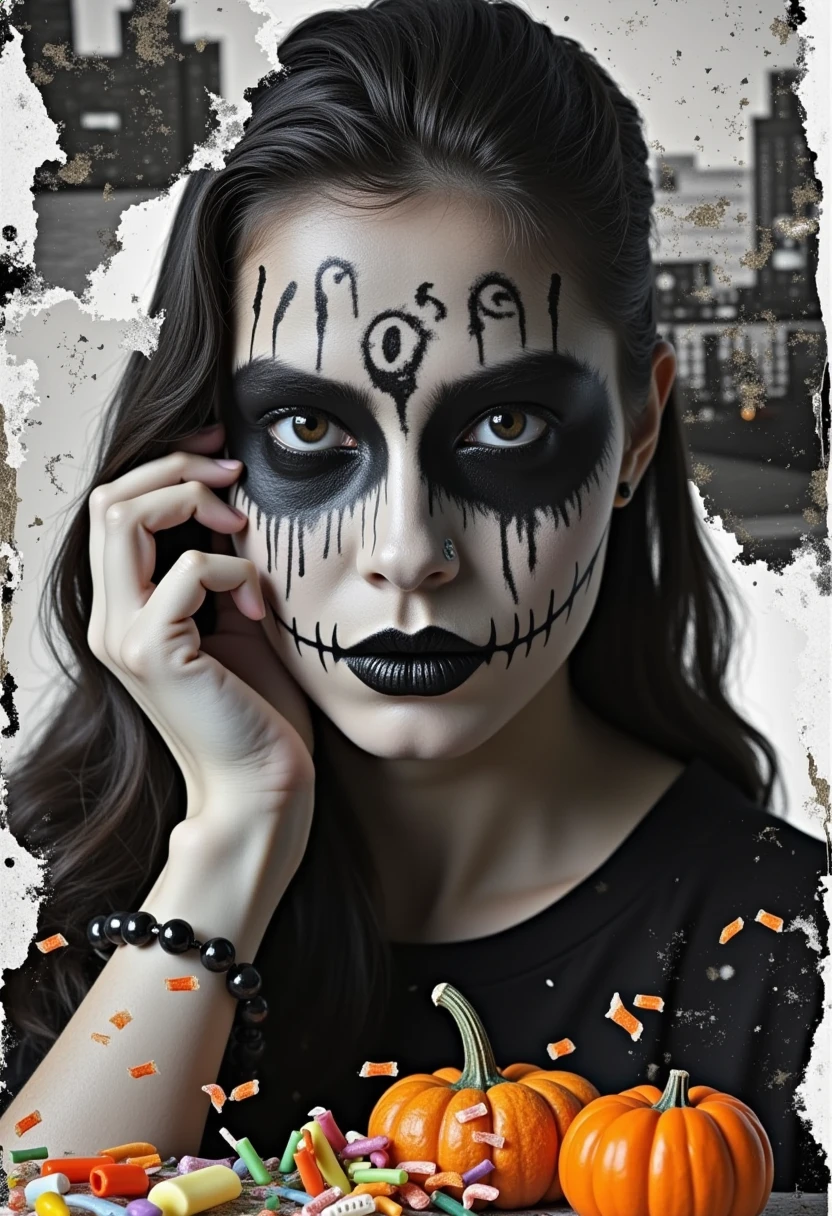 Halloween-themed portrait photography, blending black and white and color, double exposure, 1girl, blurred Halloween makeup portrait silhouettes seamlessly merging with evocative scenes, featuring pumpkins, candy, ghosts, transparency, negative space for signature, collage, torn paper, abstract, uncontrolled, presenting a fantastic and exquisite atmosphere, strong film grain, intensely moody, layered with a sense of depth and reality, rich in content, in the style of Erkin Demir, futuristic, glitch art, surreal, perfect in detail, 1wsjrx1