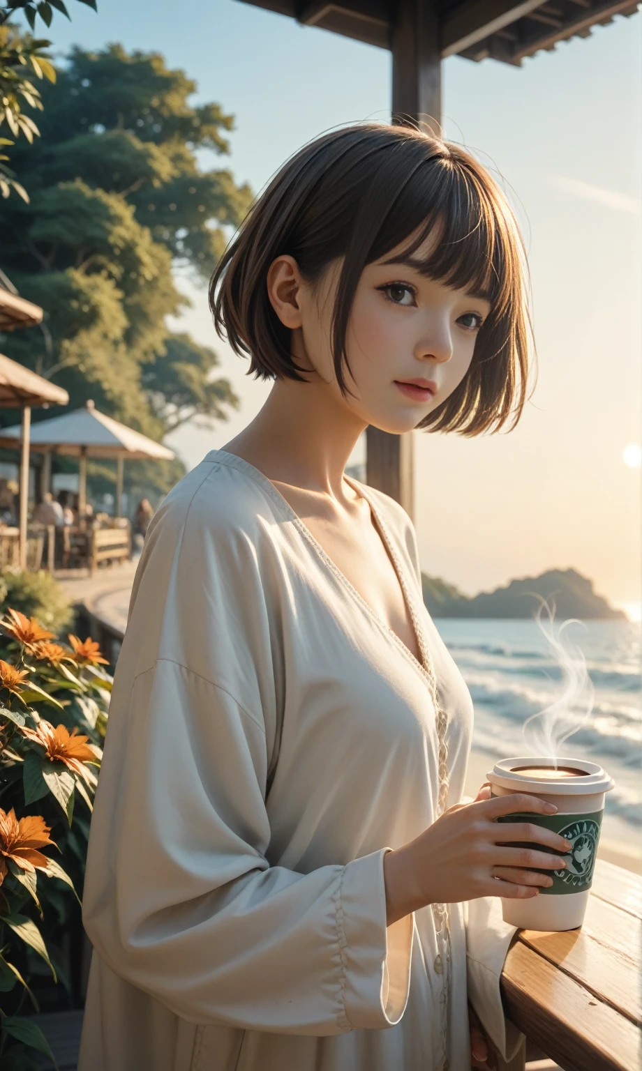 Actual Photos, High image quality ,  anatomically correct,  Fall seaside cafe terrace  ,  Beautiful autumn seaside scenery  , Stunning natural scenery  , One Japanese girl ,  holding a coffee cup in hand ,  short bob, Short bangs,  gentle sunlight starting to lean west,