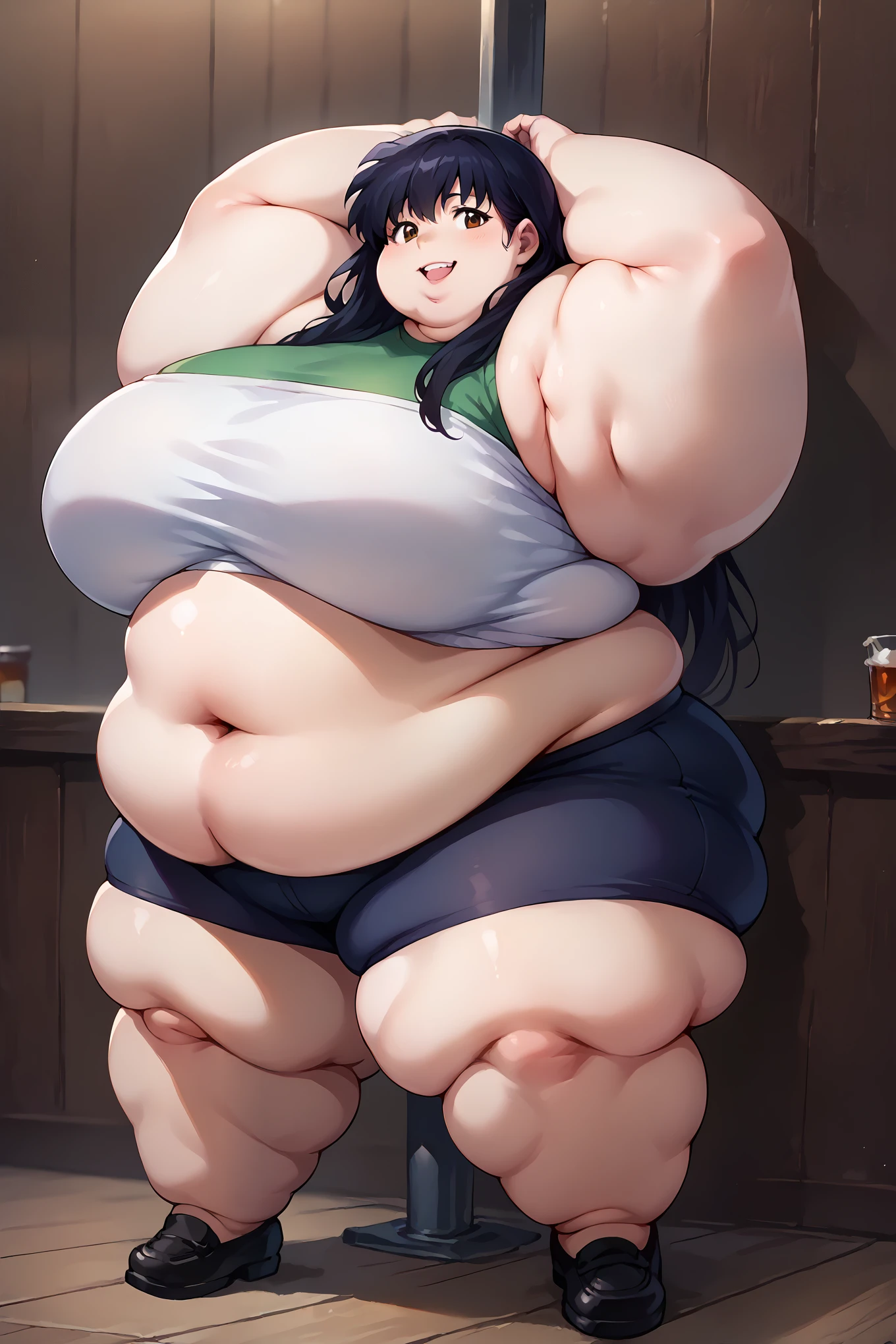 portrait, sharp focus, soft lighting,, , illustration, depth of field, (bloom:0.4), kagomexl, long hair, black hair, brown eyes, bangs, white jacket, green tube top, midriff, black bike shorts, smile, fat, chubby, obese, full body shot, gigantic arms and legs, squatting, arms up, bar, nightclub 