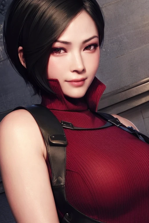 Ada wong, black hair, black eyes, red sweatshirt, smile