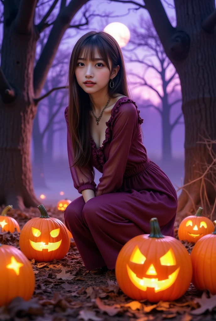 1 girl, gal, seductive smile, makeup, 
Halloween scene in a forest with glowing pumpkin lanterns on the ground covered with Halloween costumes, fallen leaves and rotting trees. People in costumes gather in the depths of the forest, fog drifts in the air, and fantastic lights float in the air. A full moon shines in the night sky and the wind blows through the trees. The warm orange and purple lights create a surreal and slightly eerie atmosphere, creating a mysterious world where nature and magic merge. Haunted pumpkins,