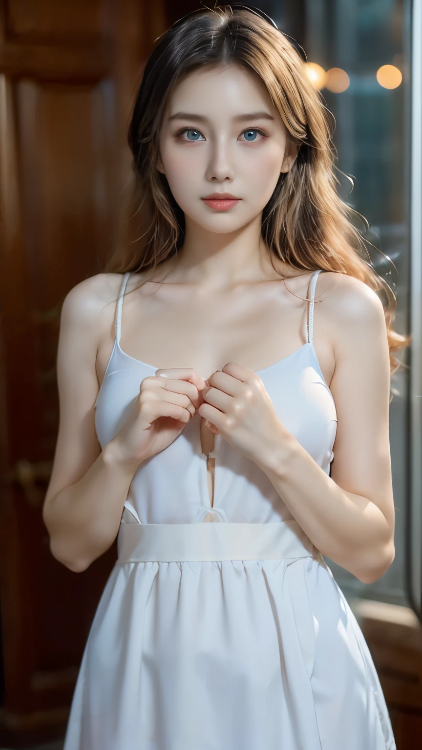 (high quality,  high resolution,  Delicate details ),   sparkling eyes, ( detailed eyes :1.2),  Smile, blush, soft studio light,  dramatic shadows , Soft tones,  Shallow depth of field , ( very dynamic posture ), (Full body photo), ( 18-year-old slim athlete aesthetic girl , 10 points （满分 10 points ）), ( long wavy blonde hair and bright eyes ), ( classical maid with V-shaped underwear ), ( 65JJ bust size ), 50 mm lens, ( bright and soft ambient light ), ( excellent sexual makeup ),  Very emotional , (( emotional interest for a night )), (( She holds the hem of her maid dress with both hands))