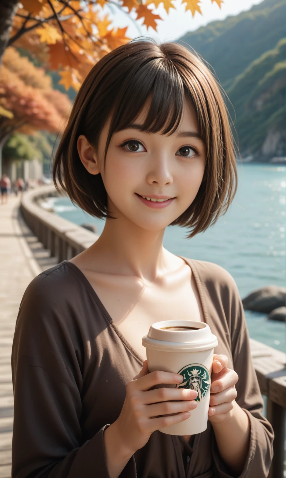 (row photo, Best quality,8K,high resolution,masterpiece:1.2), Fall seaside cafe terrace , Beautiful autumn seaside scenery , Stunning natural scenery , One japanese girl , light smile, Delicate face, Delicate eyes, Dark brown hair, (glowing dark brown eyes:1.4), holding a coffee cup in hand , short bob, Short bangs, gentle sunlight starting to lean west,