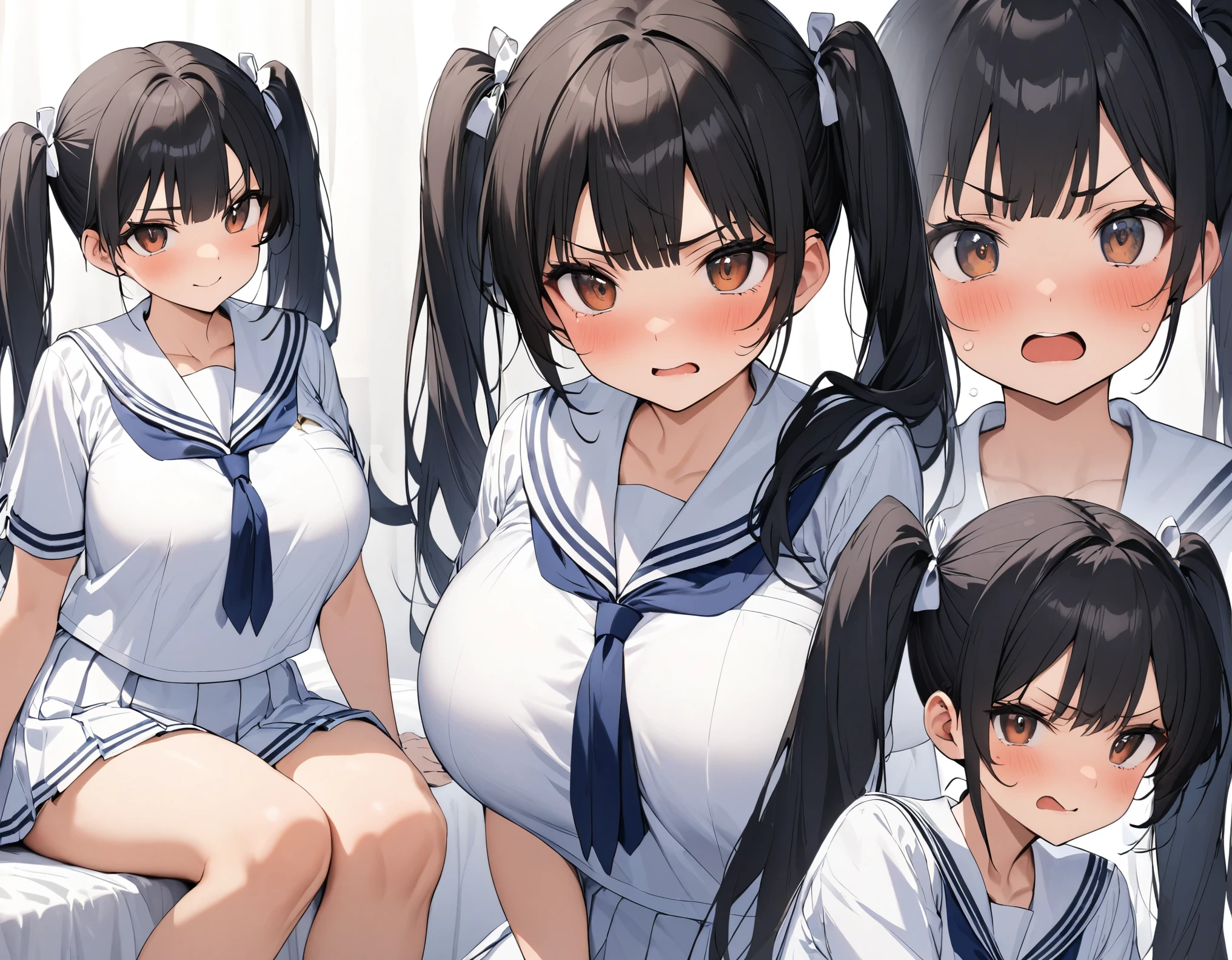 Alone:1.3 close-up black hair with facial expressions :1.3((( twin tails:1.3)))Navy blue pleated skirt with medium hair, brown eyes, white ribbons, big breasts, thick legs, dark blue ties wearing a white summer sailor suit:1.3 high school girls are sitting on the bed in my room where she is angry