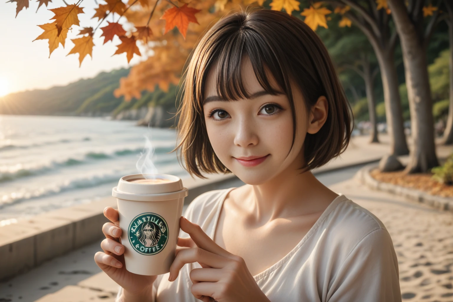 (row photo, Best quality,8K,high resolution,masterpiece:1.2), Fall seaside cafe terrace , Beautiful autumn seaside scenery , Stunning natural scenery , One japanese girl , light smile, Delicate face, Delicate eyes, Dark brown hair, (glowing dark brown eyes:1.4), holding a coffee cup in hand , short bob, Short bangs, gentle sunlight starting to lean west,