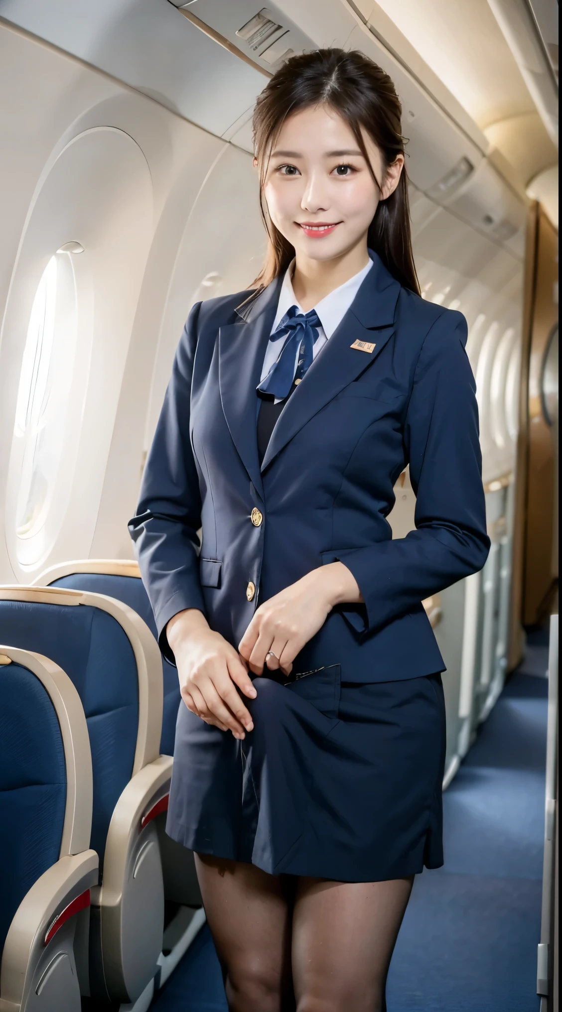 Best Quality、 table top to cover upper arms、8k、Highest quality、Award-winning works), Two beautiful women、 Glowing Beautiful Skin , masterpiece、top-quality、 ultra-fine、 depth of field、 lens flare 1 girl、、Brown Hair, staring at viewers,Small breasts , Stewardess Uniforms, ( Stewardess Blazer:1.3), shirt, short skirt , ( black high heels, Model pose, view from below, smile , Airplane cabin, (Erection under clothes)