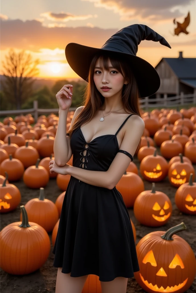 1 girl, gal, seductive smile, makeup, She has witch's clothes, a witch's hat, and a glowing wand,
A vast pumpkin patch at dusk, with countless pumpkins spread across the ground under an orange-colored sky. Some pumpkins are carved into smiling lanterns, softly glowing. In the distance, an old barn and wooden fences can be seen, with autumn wind blowing and dry leaves swirling in the air. A warm and tranquil autumn atmosphere, evoking a nostalgic Halloween scene.、Haunted pumpkins,