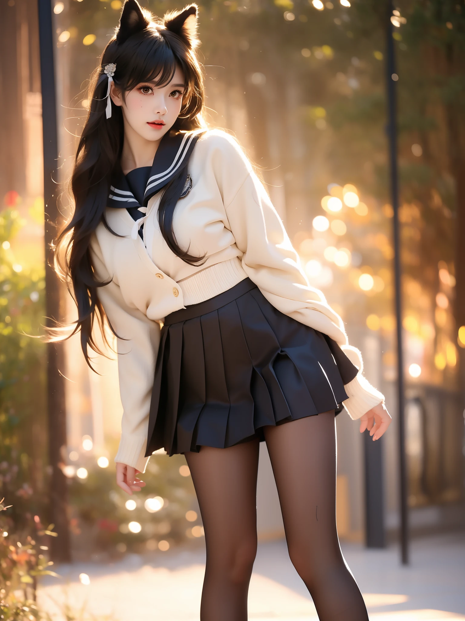 atago, 1girl, solo, atago \(azur lane\), cosplay, mole under eye,
animal ears, very long hair,bangs, sidelocks, hair ribbon,
school uniform,cardigan, sailor collar, serafuku, long sleeves, pleated skirt, pantyhose, ,((full body)), (Asian beauty: 1.3), girl, solo, (toned body: 1.2) (naturally large breasts: 1.1), (visible cleavage: 0.8) (smooth flawless skin: 1.2), (perfect anatomical proportions: 1.3) (Naturally comfortable posture: 1.4) (anatomically correct legs: 1.3), (elegantly long legs: 1.3) 1.1) Hands gently lift the skirt (detailed features: 1.2), (big bright eyes: 1.1), (long eyelashes: 1.1) charming smile, gentle and confident expression Head slightly tilted long flowing hair (night scene: 1.1), (starry sky: 1.0), (space background: 0.9) (professional soft light: 1.2), (warm tone: 1.1) (Masterpiece: 1.4), (Super Detail: 1.3), (Sharp focus: 1.2) (Realistic: 1.2), (Hi-Fi: 1.1)