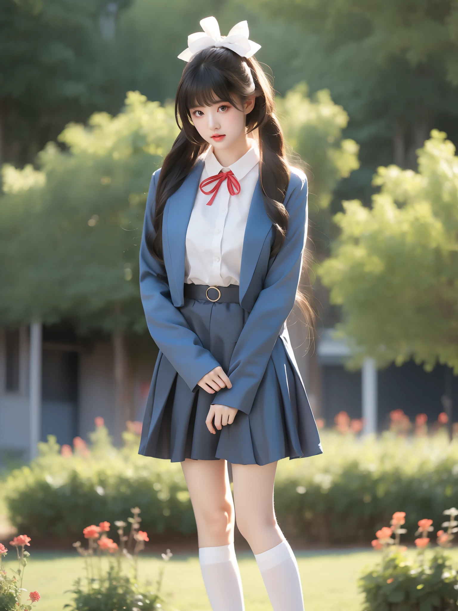 1girl, solo,hazuki ren,cosplay,
black hair,long hair,high ponytail, white hair bow, blunt bangs,
yuigaoka school uniform,school uniform, blue jacket, red neck ribbon, black loafers, white socks, long sleeves, white collared shirt, grey dress, open jacket, pinafore dress,, ,((full body)), (Asian beauty: 1.3), girl, solo, (toned body: 1.2) (naturally large breasts: 1.1), (visible cleavage: 0.8) (smooth flawless skin: 1.2), (perfect anatomical proportions: 1.3) (Naturally comfortable posture: 1.4) (anatomically correct legs: 1.3), (elegantly long legs: 1.3) 1.1) Hands gently lift the skirt (detailed features: 1.2), (big bright eyes: 1.1), (long eyelashes: 1.1) charming smile, gentle and confident expression Head slightly tilted long flowing hair (night scene: 1.1), (starry sky: 1.0), (space background: 0.9) (professional soft light: 1.2), (warm tone: 1.1) (Masterpiece: 1.4), (Super Detail: 1.3), (Sharp focus: 1.2) (Realistic: 1.2), (Hi-Fi: 1.1)