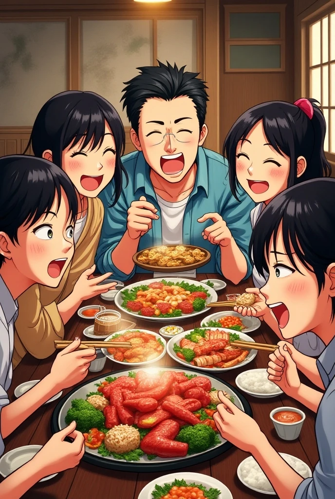 A warm family gathering in a cozy kitchen, enjoying a delicious seafood feast together. The kitchen is filled with enticing aroma, and the table is covered with a variety of mouthwatering seafood dishes. The family members have joyful smiles on their faces as they savor the food, creating a warm and welcoming atmosphere. ,in the style of the stars art group xing xing, 32k, best quality, masterpiece, super detail, high details