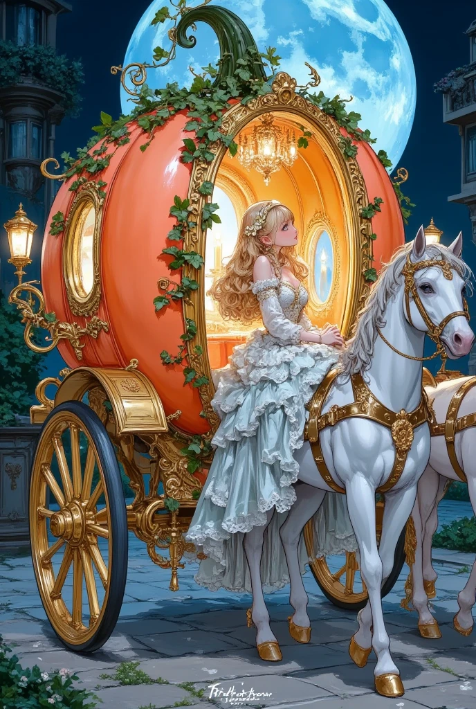 A grand pumpkin carriage rolls gracefully down a moonlit cobblestone path. The carriage, a vibrant orange hue, glows faintly from the inside, its surface intricately adorned with swirling gold filigree and delicate vines. Large, perfectly carved windows with golden frames offer a glimpse into the interior, where plush velvet curtains of deep royal blue drape elegantly. The wheels of the carriage are forged from polished brass, with fine, ornate spokes that catch the light with every turn, reflecting a soft gleam.
Inside the carriage, a young princess sits poised, her gown of silk and lace cascading around her in delicate layers of pastel blues and whites, shimmering under the soft candlelight. The seats are upholstered in plush velvet, matching the curtains, and golden embroidery traces intricate floral patterns across the fabric. The ceiling of the carriage is domed, with crystal chandeliers hanging, casting soft glints of light that dance across the walls. The air inside is filled with the faint scent of jasmine, adding a touch of enchantment to the royal setting.
Outside, the carriage is drawn by four majestic white horses, their manes braided with ribbons, their saddles adorned with more golden accents. As the carriage moves, the soft clinking of harnesses and the gentle creaking of the wheels create a rhythm in the serene, magical night. A fairy-tale scene brought to life, with the princess gazing out the window, her face illuminated by the golden glow of the enchanted pumpkin