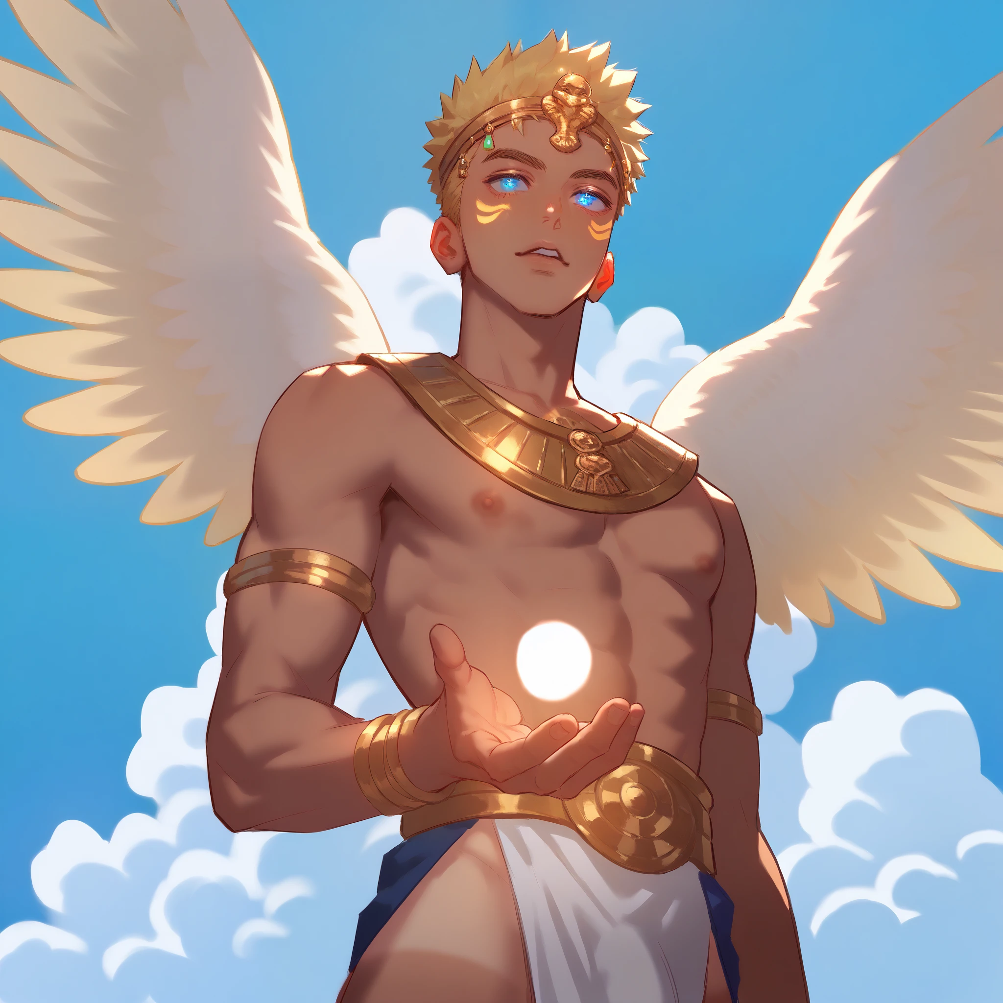 rating explicit, focus male ,young man, handsome,  low angle, cinematic angle, motion lines, whore, detailed (eyes), strong, sexy, Perfect face, whole body, body, tan skin, tall, muscle, with short yellow hair , blue eyes glow, wearing gold armor arms, wearing sexy loincloth, wearing lot of gold jewelry, angel , white wings, hovering in the air, Cinema Lighting, floating in the air, cloudy, sunlight, has fireball on hand, surrounded by yellow fire aura, celestial, Ancient Egyptian fashion, Heavenly, Anatomically correct